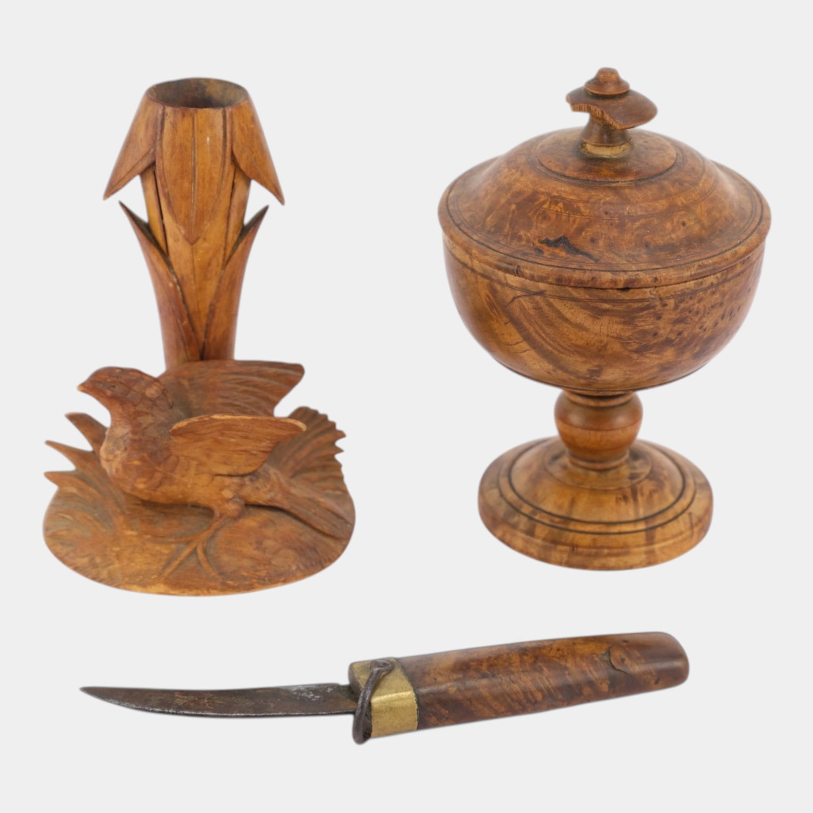 Hand Made Turned Wood Compote With Lid, Botanical Candleholder, And Wooden Handled Knife: Professional, fast, and affordable in house shipping available for all items. Hand Made Turned Wood Compote With Lid, Botanical Candleholder With Bid, And Wooden Handled Knife Excellent condition. Ja