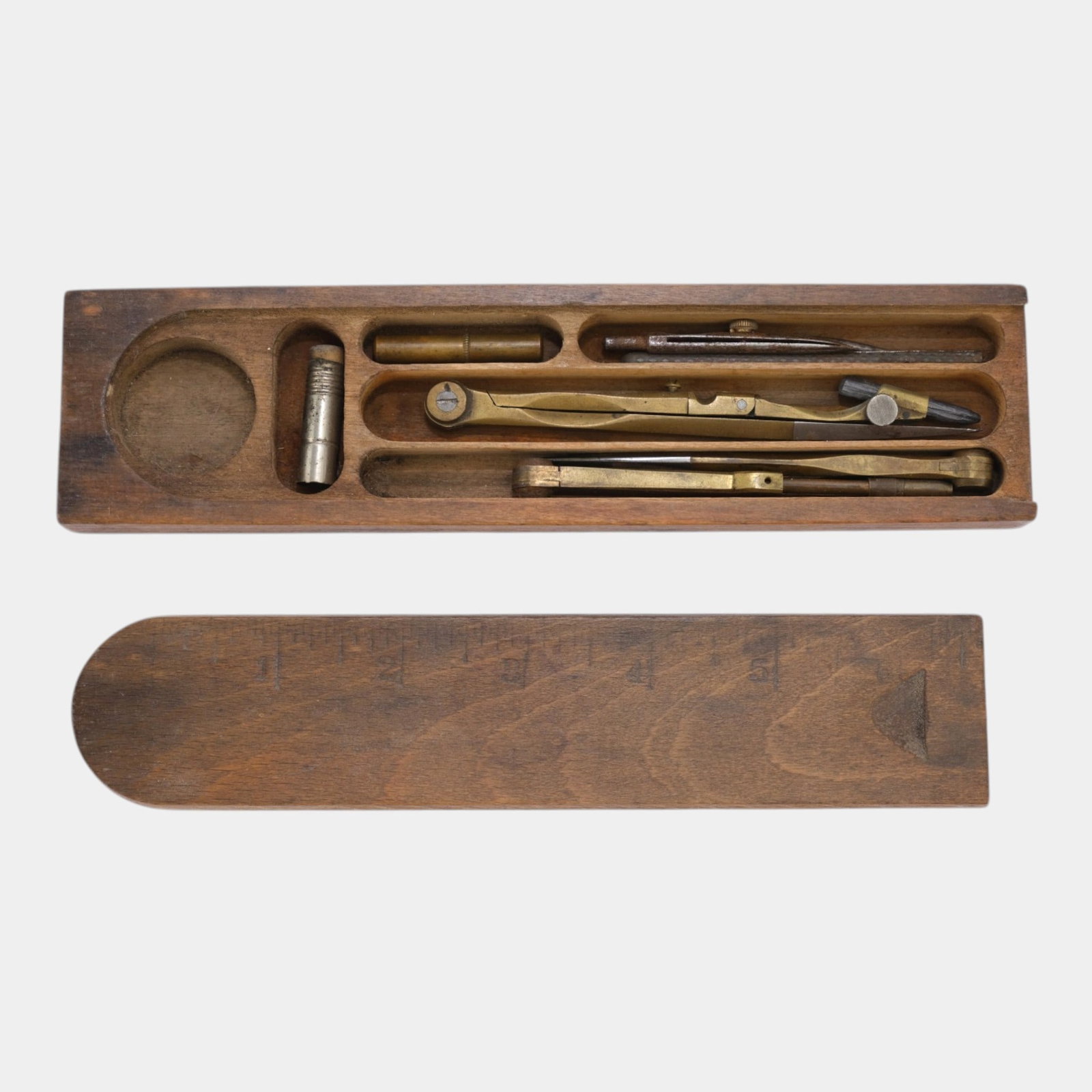 Late 19th Century Brass Technical Drawing Drafting Travel Set In Wood Slide Top Case Ruler (1 of 4)