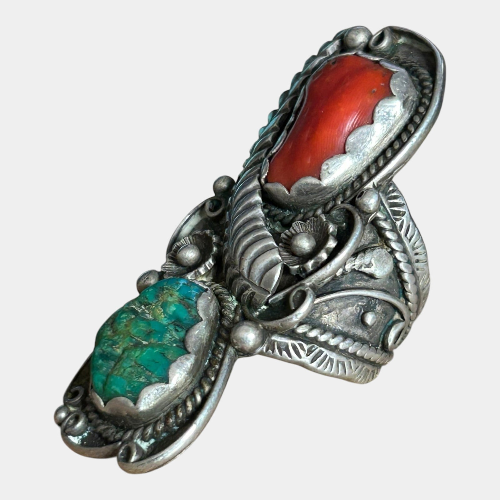 Carl & Irene Clark Navajo Sterling Silver 925 Large Turquoise & Coral Cabochon Shield Ring Size 7 (1 of 4)