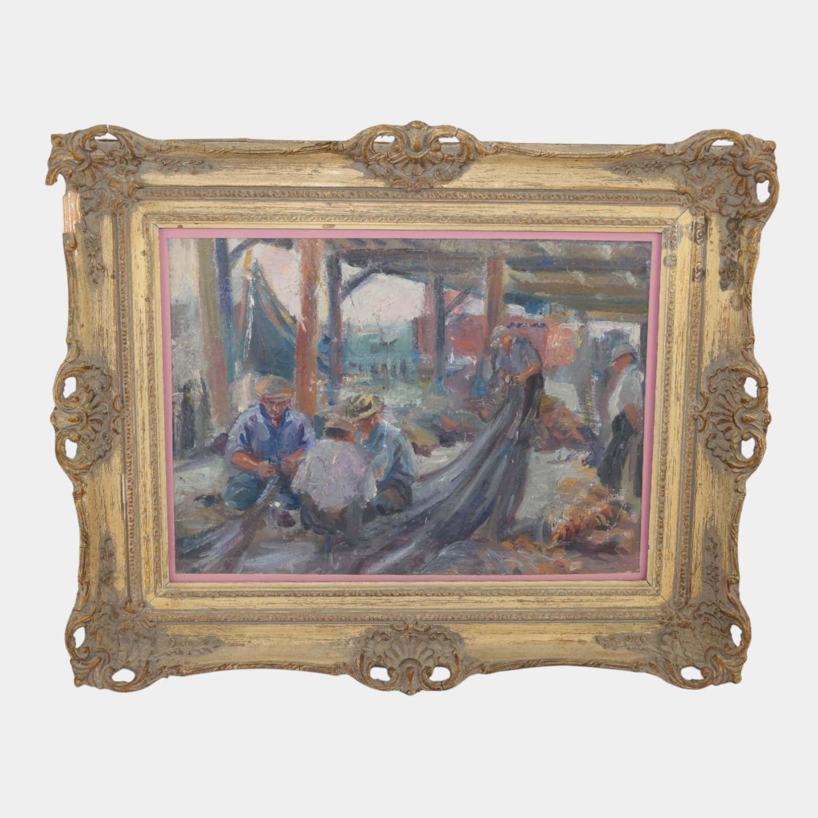 Lester Nass (Austrian, 1894-1990) Oil On Board Harborside Fishermen Framed Painting: Professional, fast, and affordable in house shipping available for all items. Lester Nass (Austrian, 1894-1990) Oil On Board Harborside Fishermen Framed Painting Painted in expressive, broken brushwor