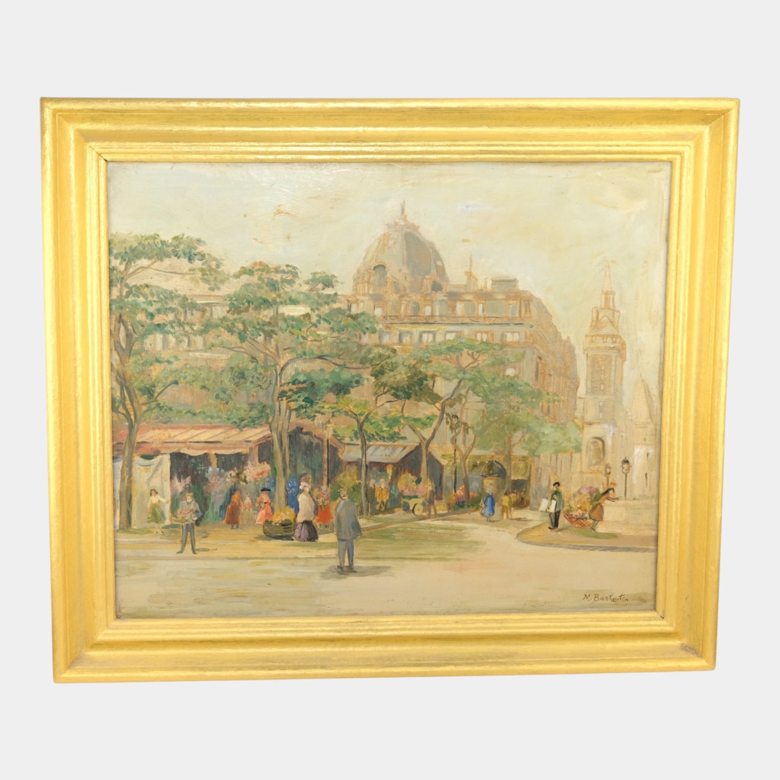 M. Barkentin Oil On Board European Street Corner Gold Gilt Framed Painting: Professional, fast, and affordable in house shipping available for all items. M. Barkentin Oil On Board European Street Corner Gold Gilt Framed Painting Softly impressionistic and warmly atmospheric, 