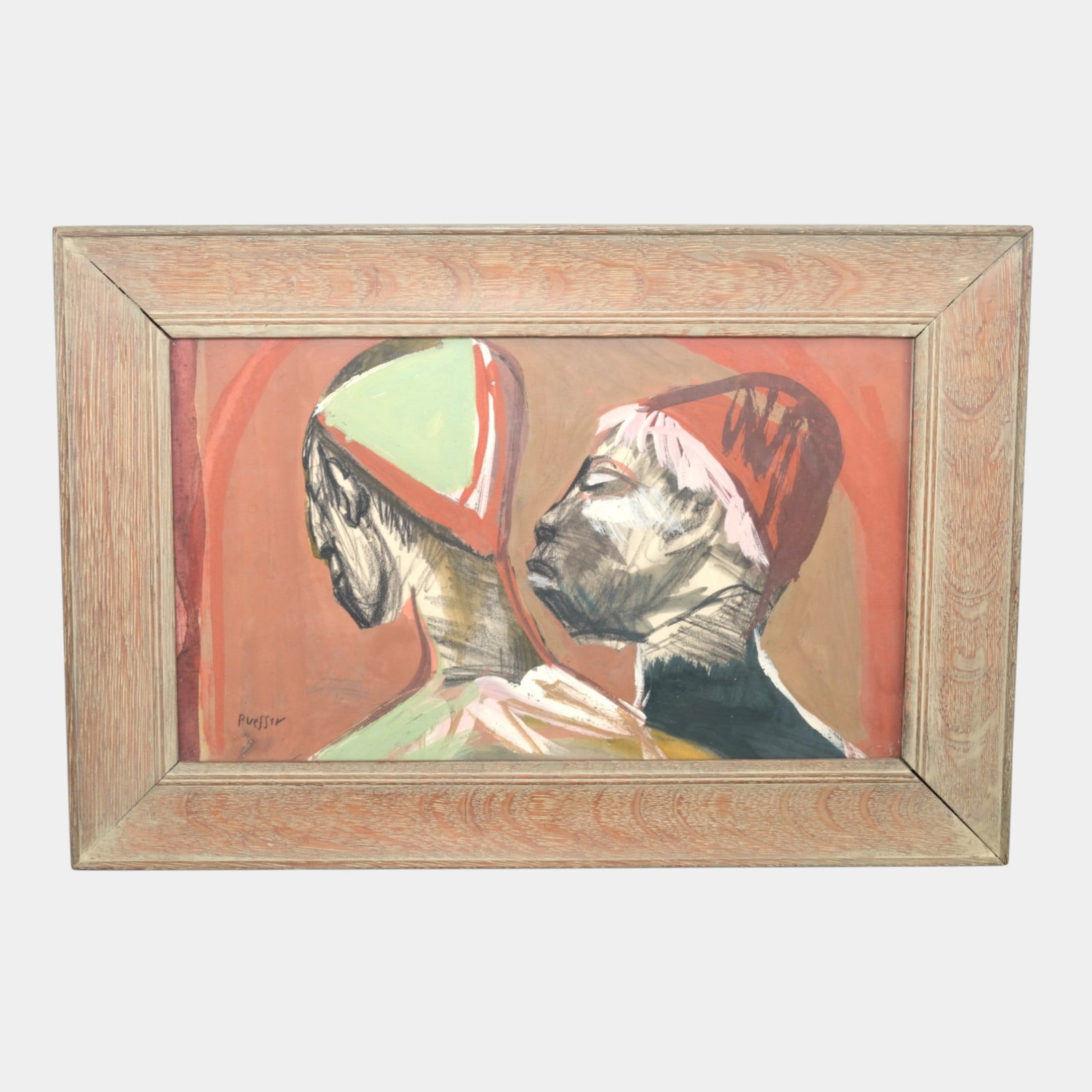 Josef Presser (1909-1967) Two Men In Hats Crayon Pencil & Gouache Framed Painting (1 of 8)