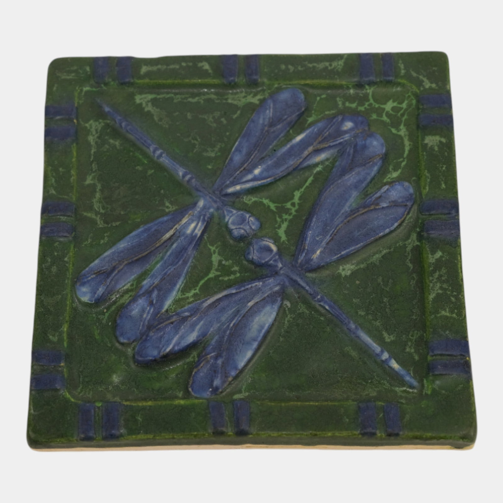 Ephraim Faience 2002 Arts And Crafts Blue Green Kissing Dragonflies Pottery Tile (1 of 2)