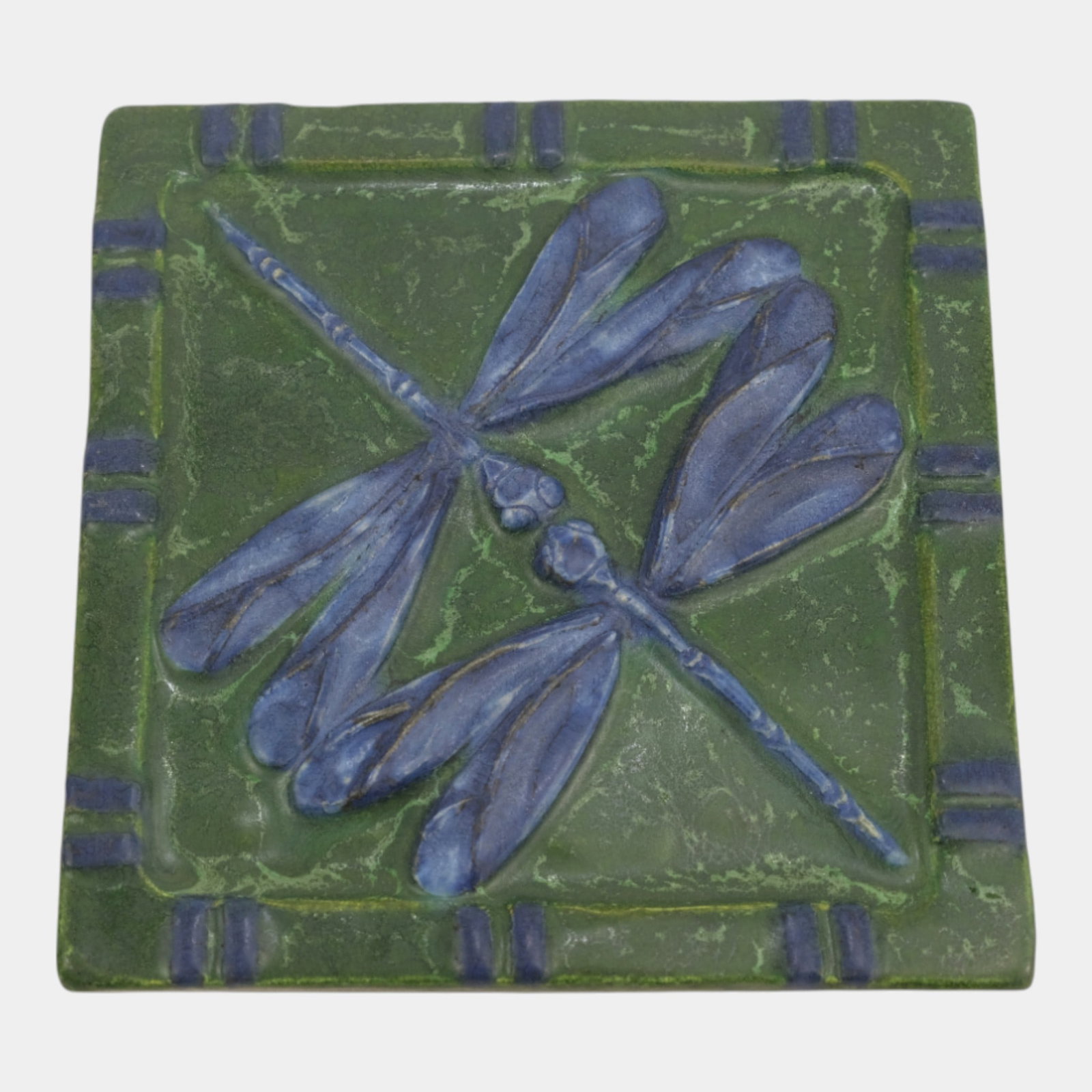 Ephraim Faience 2002 Arts And Crafts Blue Green Kissing Dragonflies Pottery Tile (1 of 2)