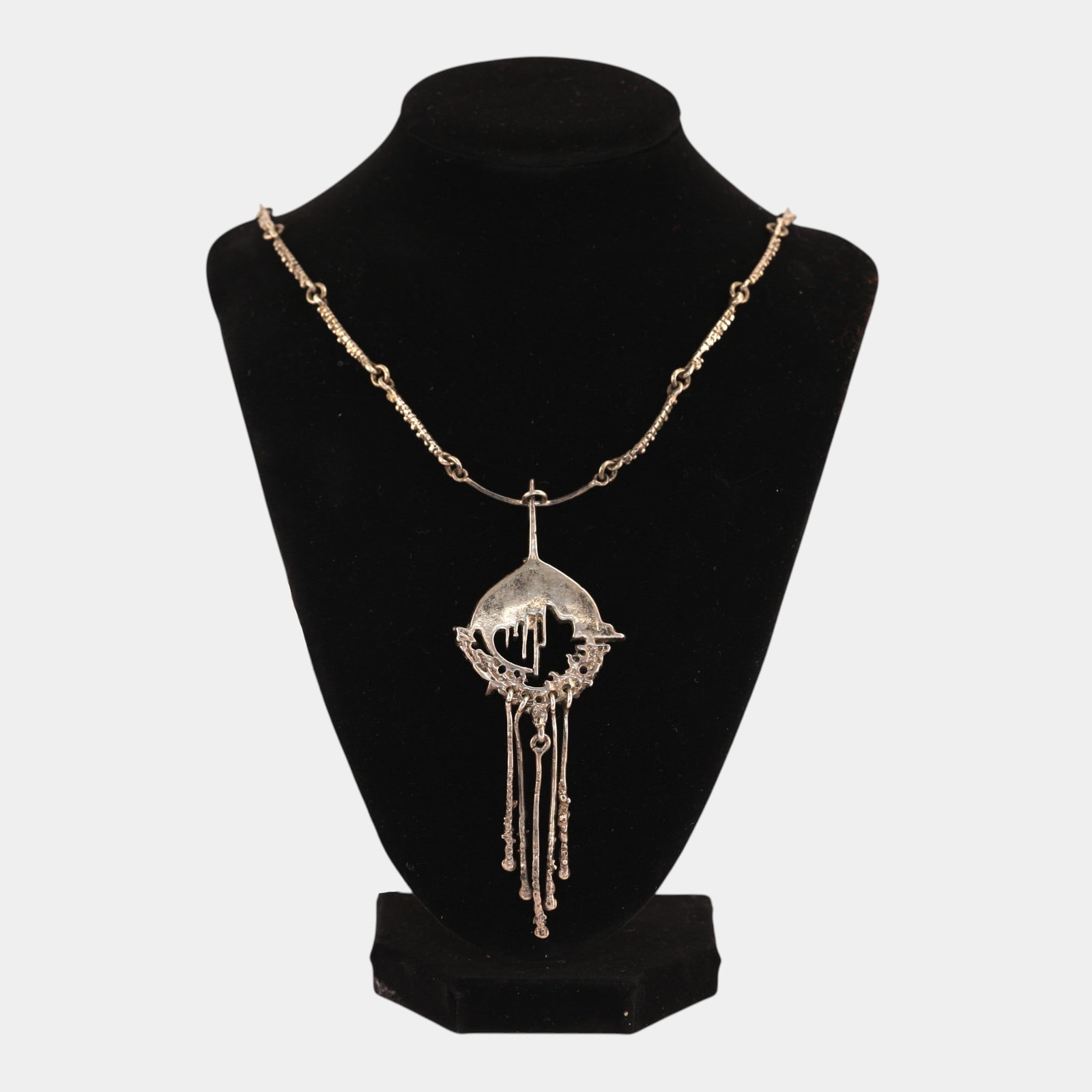 JUHLS Norway 1950s Mid Century Modern Sterling Silver Brutalist Pendant Necklace: Professional, fast, and affordable in house shipping available for all items. This Juhls of Norway sterling silver necklace features a sculptural pendant with openwork design and cascading dangles, re
