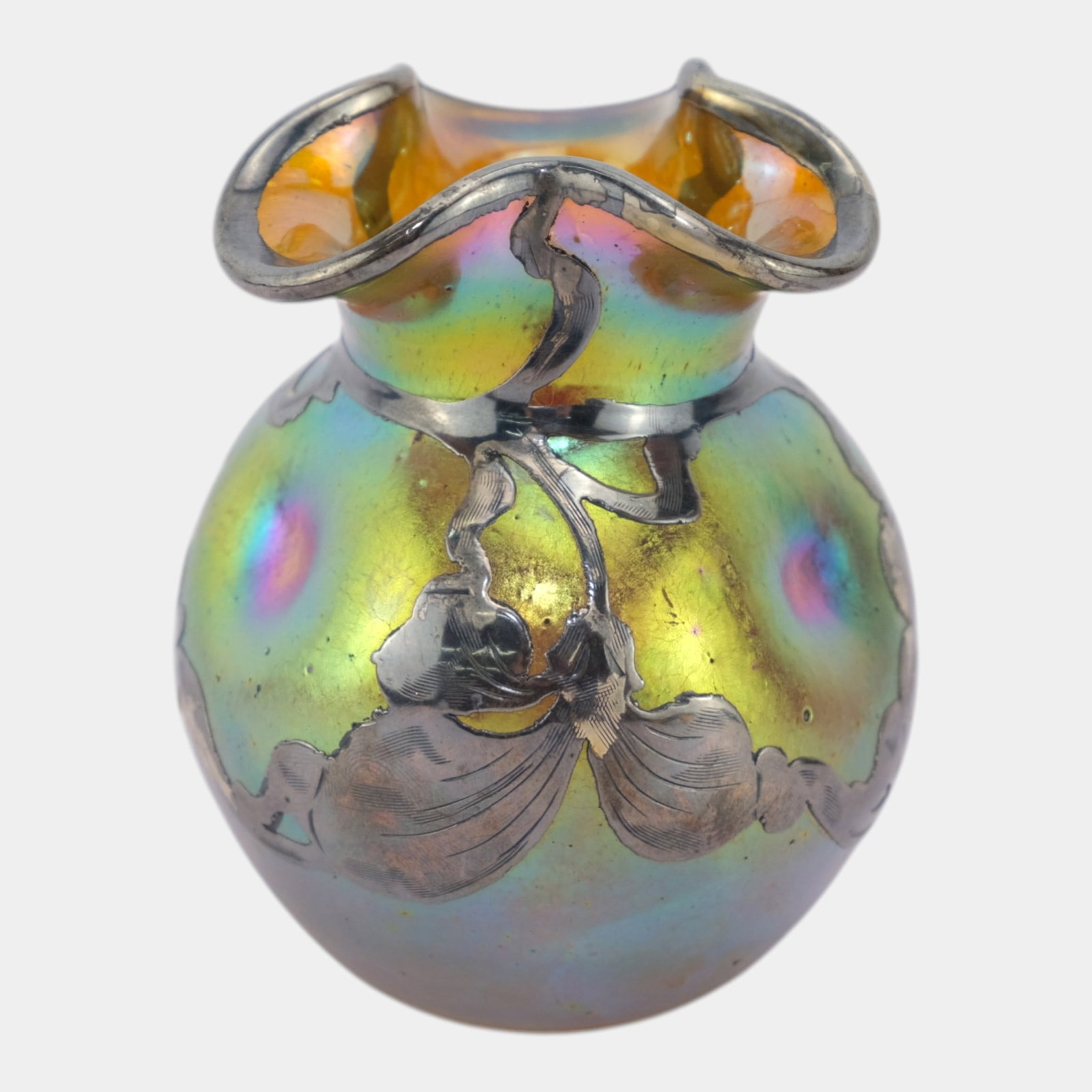 Loetz 1900s Austrian Art Nouveau Green Iridescent Silver Overlay Art Glass Vase (1 of 6)
