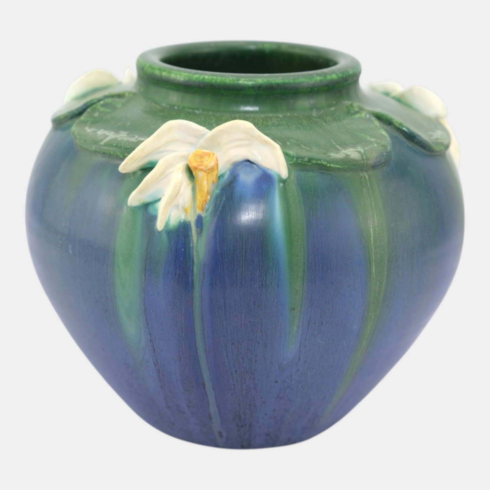 Ephraim Faience 2005 Hand Made Art Pottery Blue Green White Lotus Bulbous Vase (1 of 6)