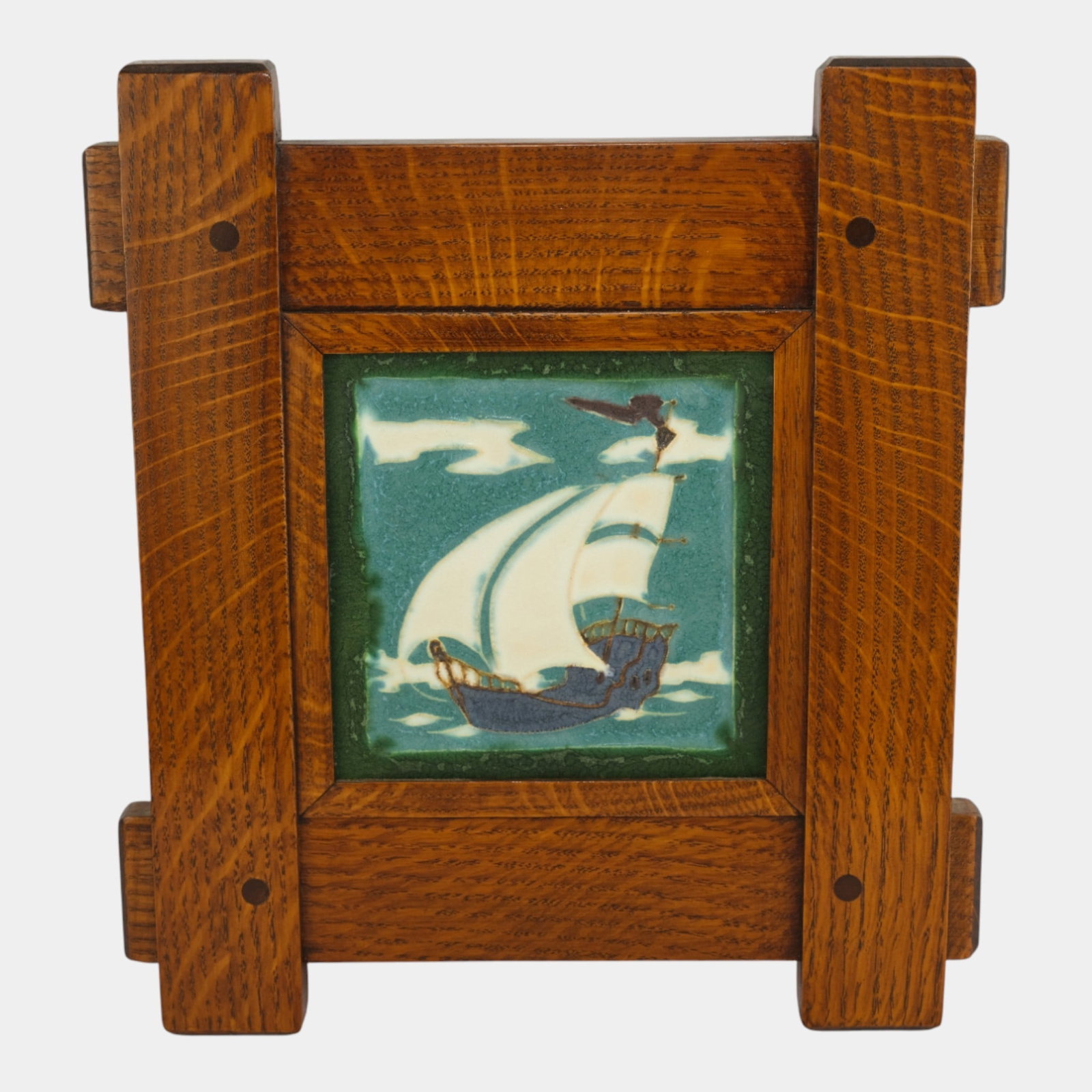Ephraim Faience 2000 Arts And Crafts Framed North Wind Art Pottery Boat Tile (1 of 2)