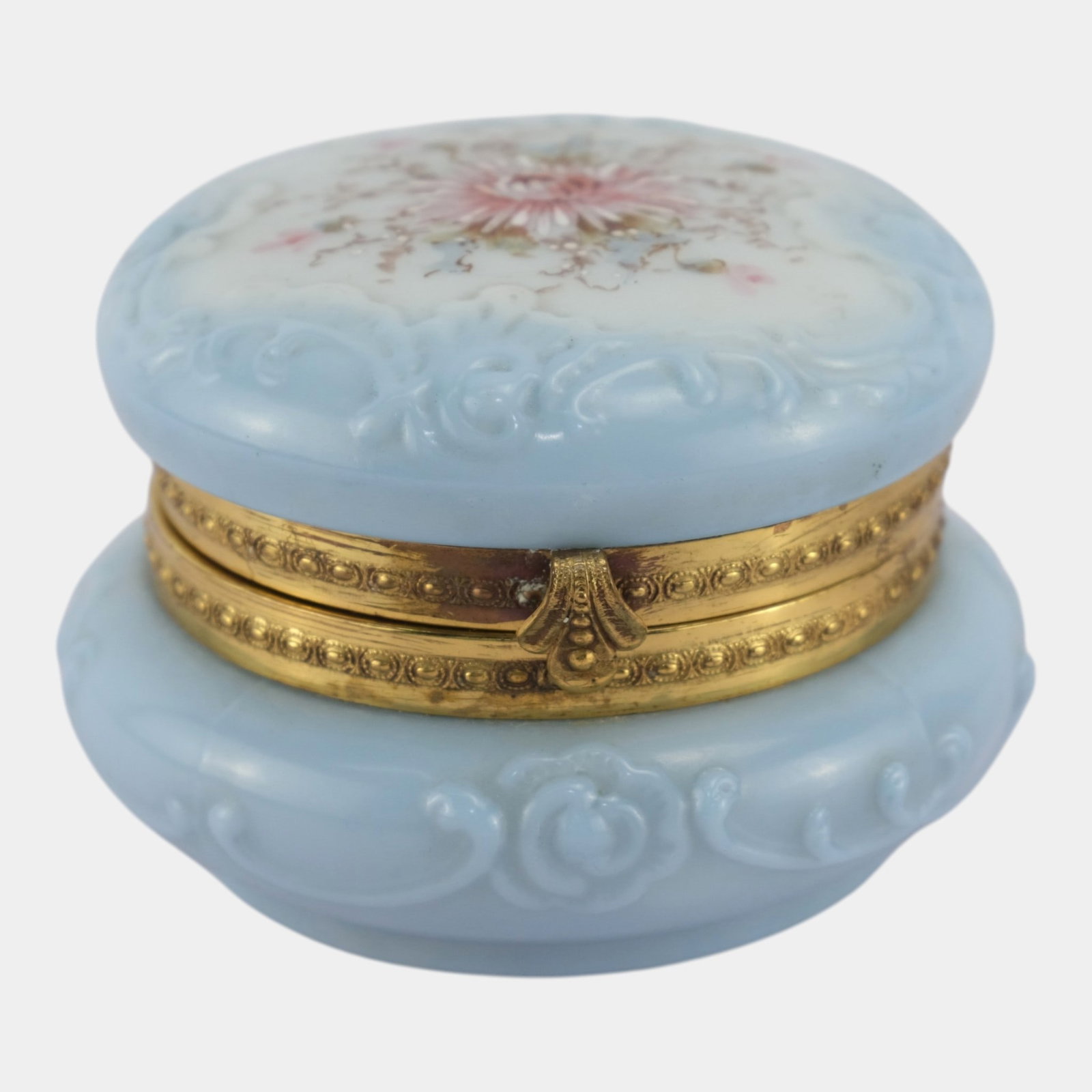 Wave Crest Late 19th Century Victorian Hand Painted Blue Floral Glass Dresser Box (1 of 7)