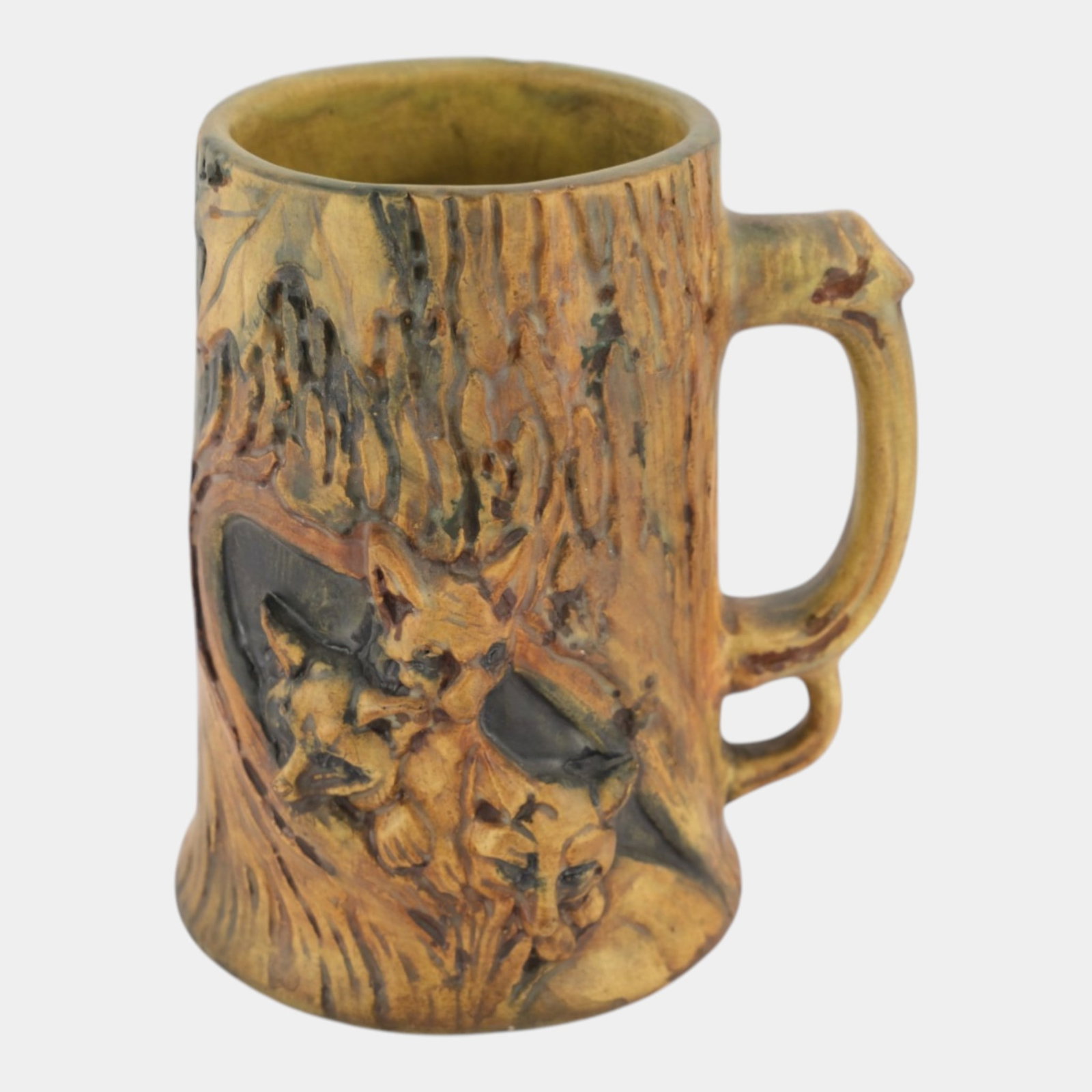 Weller Woodcraft 1920s Vintage Art Pottery Brown Ceramic Fox Den Handled Mug (1 of 6)