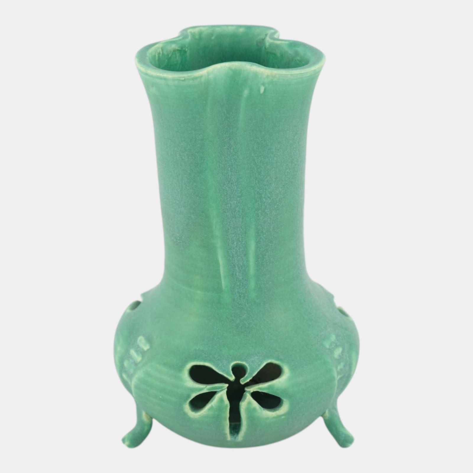 Door Studio Art Pottery Hand Thrown Green Dragonfly Cutout Ceramic Footed Vase (1 of 8)
