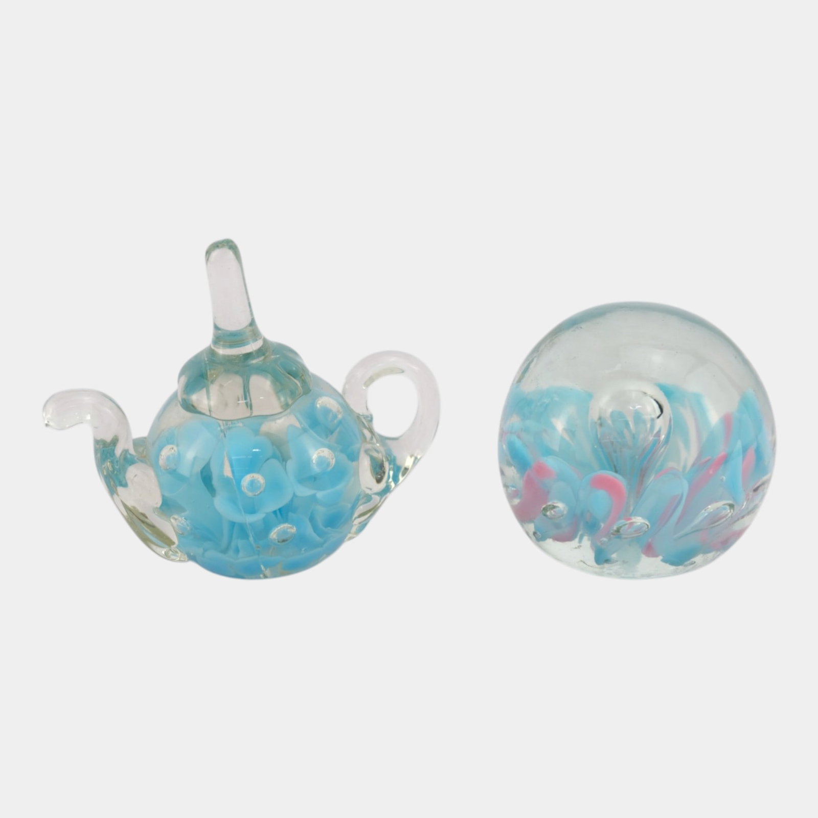St Clair Blue Clear Art Glass Figural Teapot And Classic Round Floral Decorated Paperweights (1 of 6)