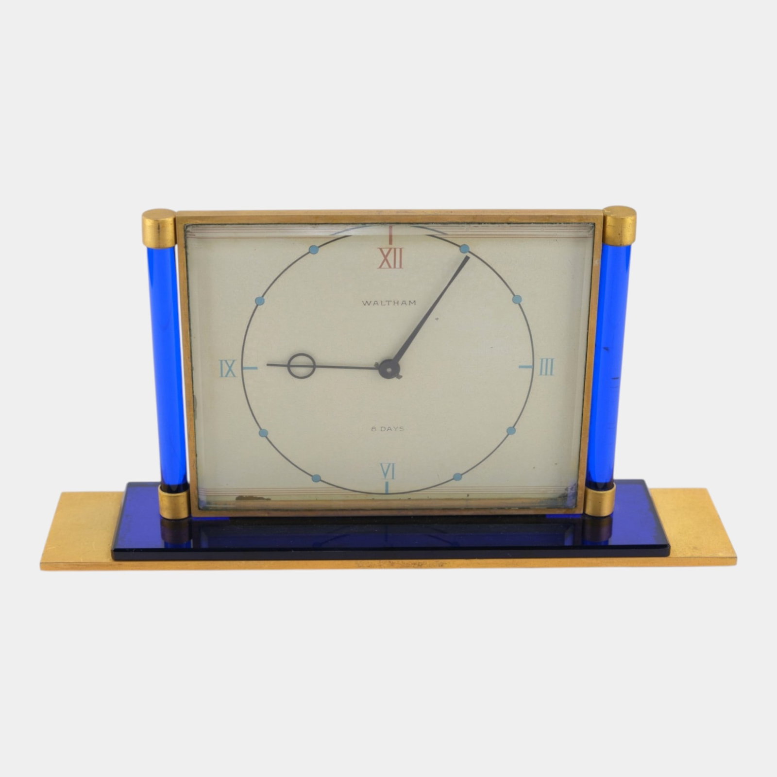 Waltham 1930s Art Deco Blue Stepped Glass And Bronze 8 Day Desk Shelf Clock (1 of 7)