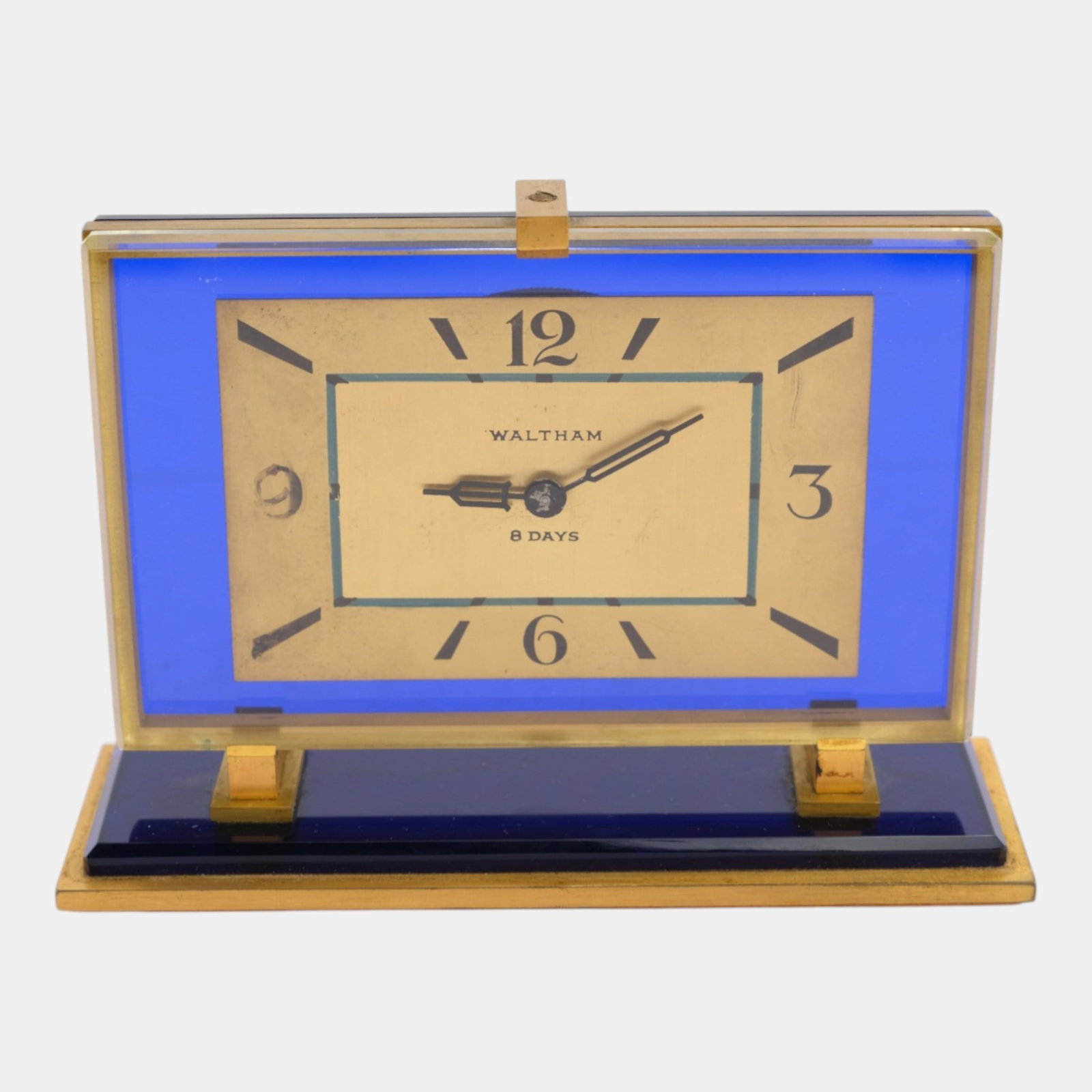 Waltham 1930s Art Deco Blue Stepped Glass And Bronze 8 Day Desk Shelf Clock (1 of 7)
