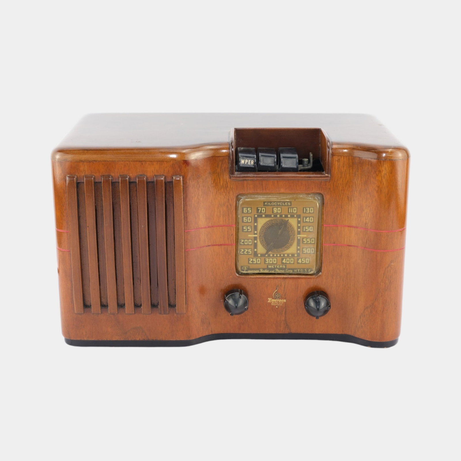 Emerson 1930s Art Deco Radio With Ingraham Wooden Cabinet And Oxblood Inlaid Lines: Professional, fast, and affordable in house shipping available for all items. Emerson 1930s Art Deco Radio With Ingraham Wooden Cabinet And Oxblood Inlaid Lines Warmly toned wooden radio with streamli