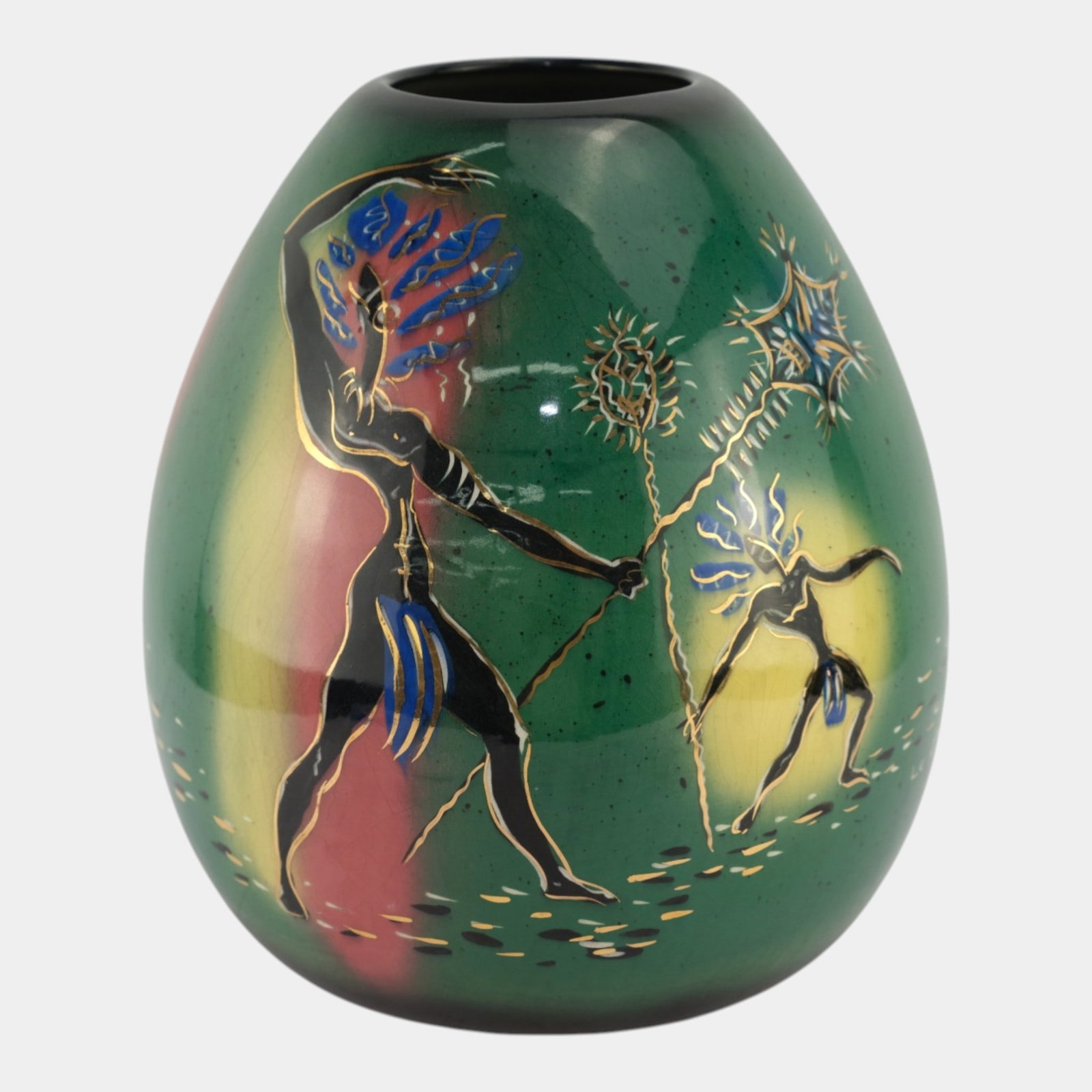 Marc Bellaire "Le Richeux" Mid Century Modern Green Tribal Decorated Large Vase (1 of 7)