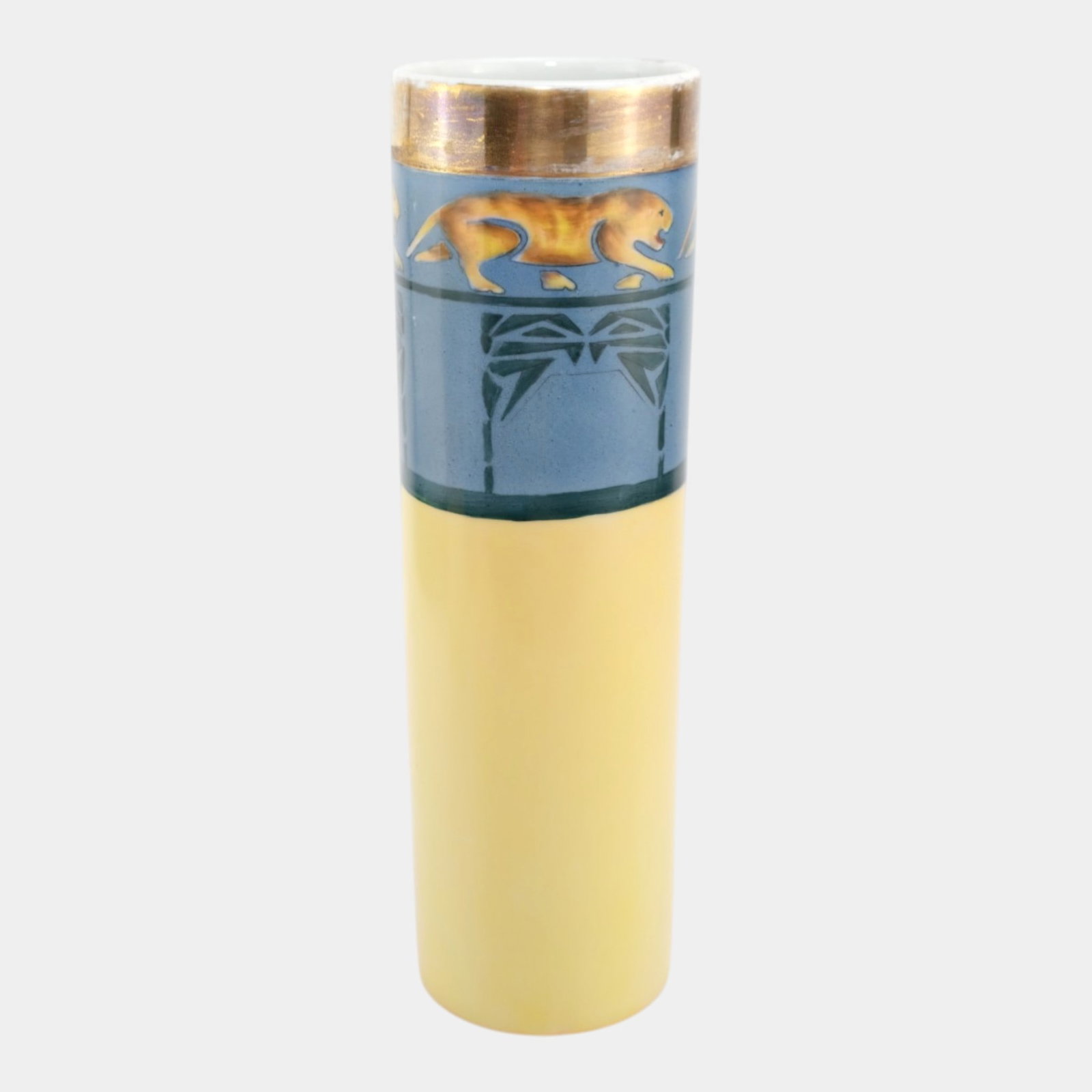 M Z Austrian 1884-1909 Vintage Art Deco Gold Accented Lion Porcelain Cylinder Vase (1 of 6)