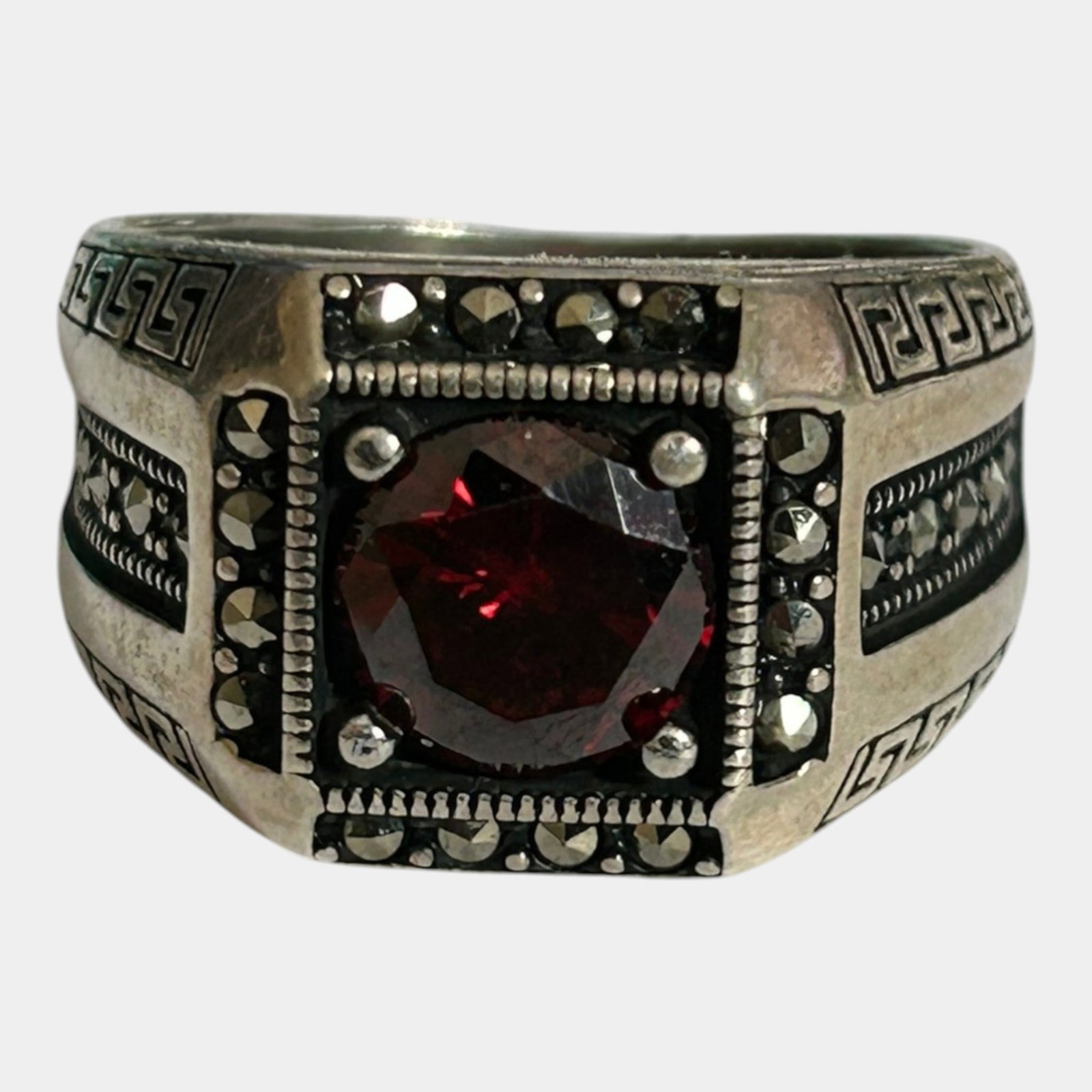 Sterling Silver 925 Art Deco Inspired Garnet & Marcasite Geometric Ring Size 8.5 (1 of 3)