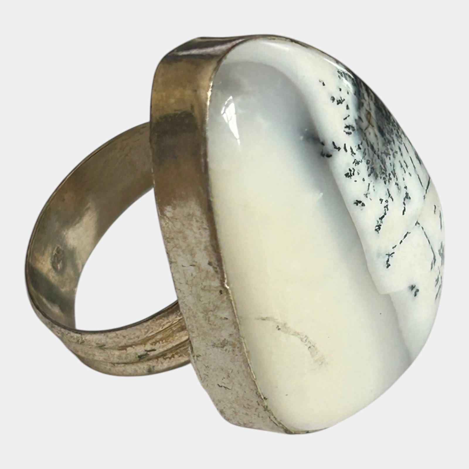 Sterling Silver 925 Mid Century Modern White Dendritic Agate Cabochon Ring Size 8.5 (1 of 3)