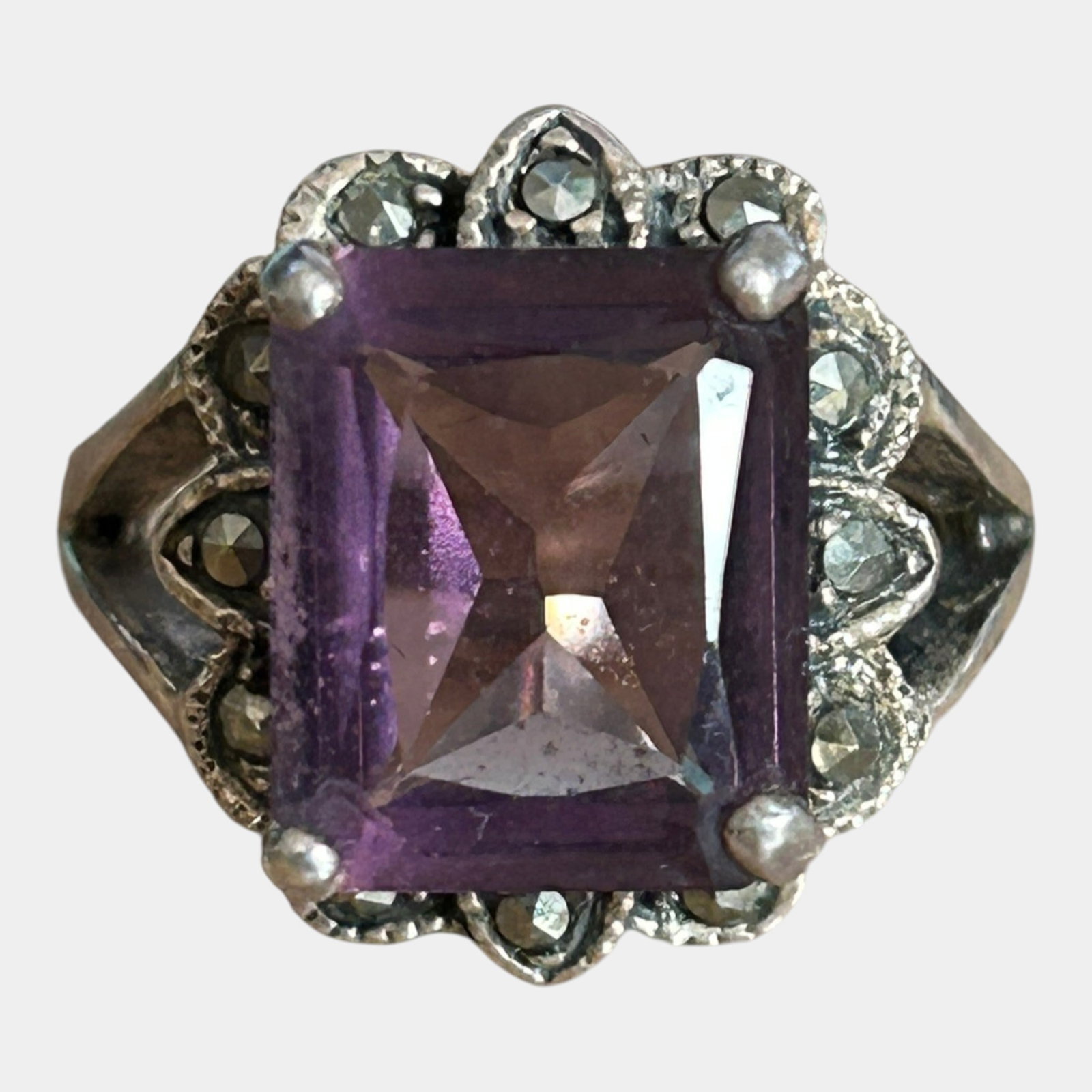 Sterling Silver 925 Art Deco Style Square Cut Amethyst & Marcasite Accented Ring Size 6 (1 of 3)