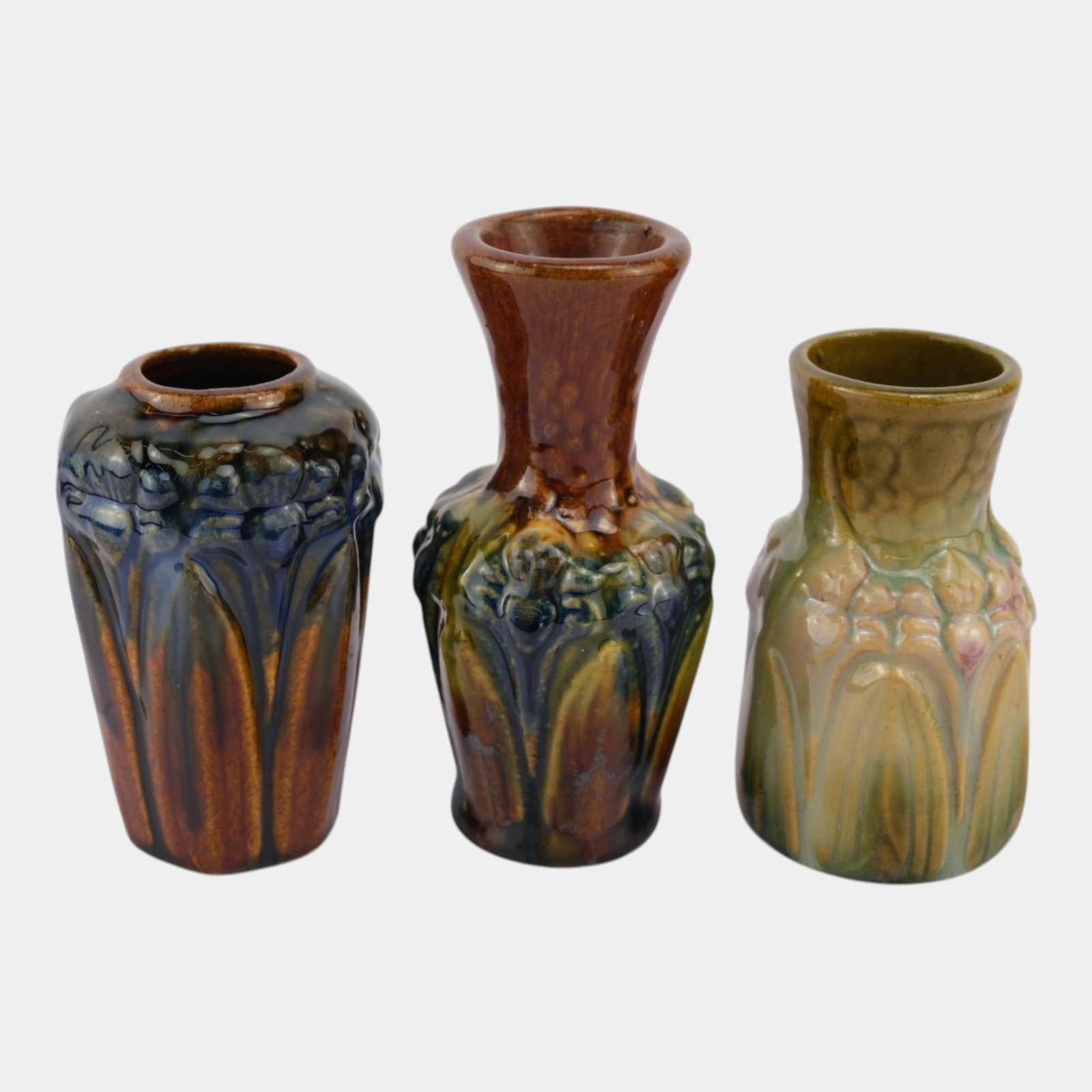 Brush McCoy Majolica Amaryllis 1926 Art Deco Pottery Green Brown Black Ceramic Vases: Professional, fast, and affordable in house shipping available for all items. Brush McCoy Majolica Amaryllis 1926 Art Deco Pottery Green Brown Black Ceramic Vases Boldly textured and richly glazed, th