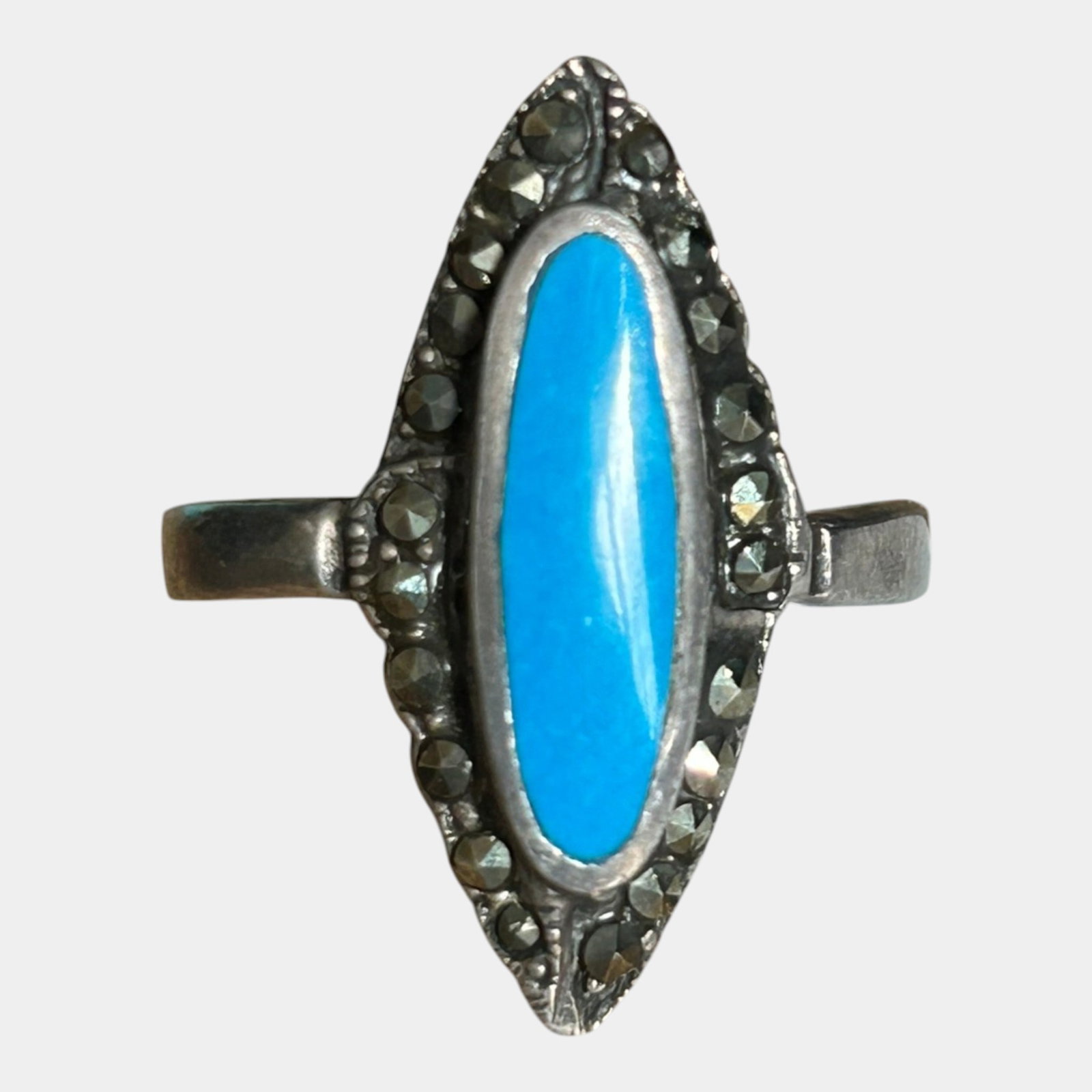 Sterling Silver 925 Art Deco Style Turquoise & Marcasite Navette Ring Size 8.5: Professional, fast, and affordable in house shipping available for all items. Strikingly elongated and elegant, this Art Decoâ€“inspired sterling silver ring features a vivid blue turquoise ca
