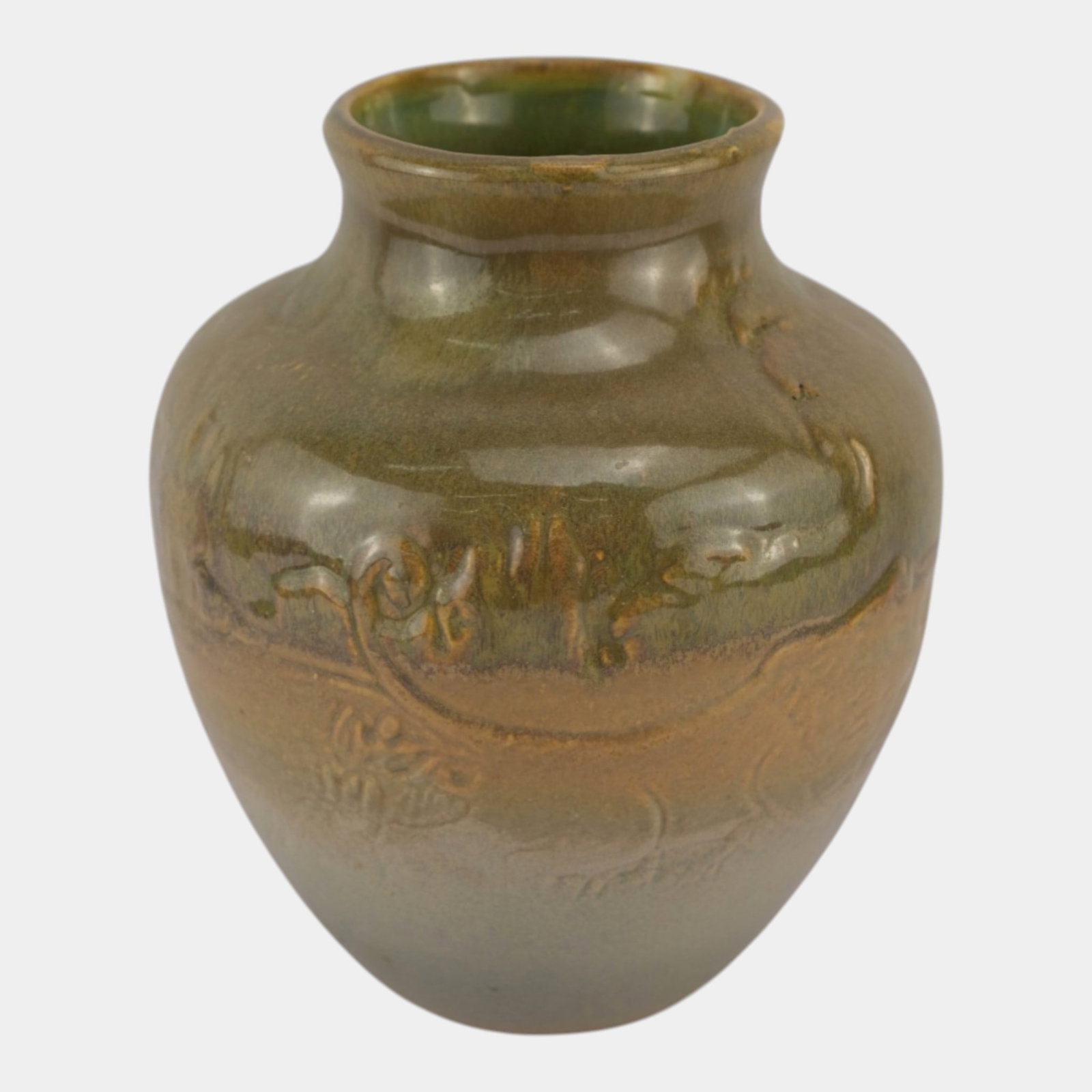 Red Wing 1926 Vintage Art Pottery Green Brown Scenic Carved Lion Ceramic Vase 164 (1 of 6)