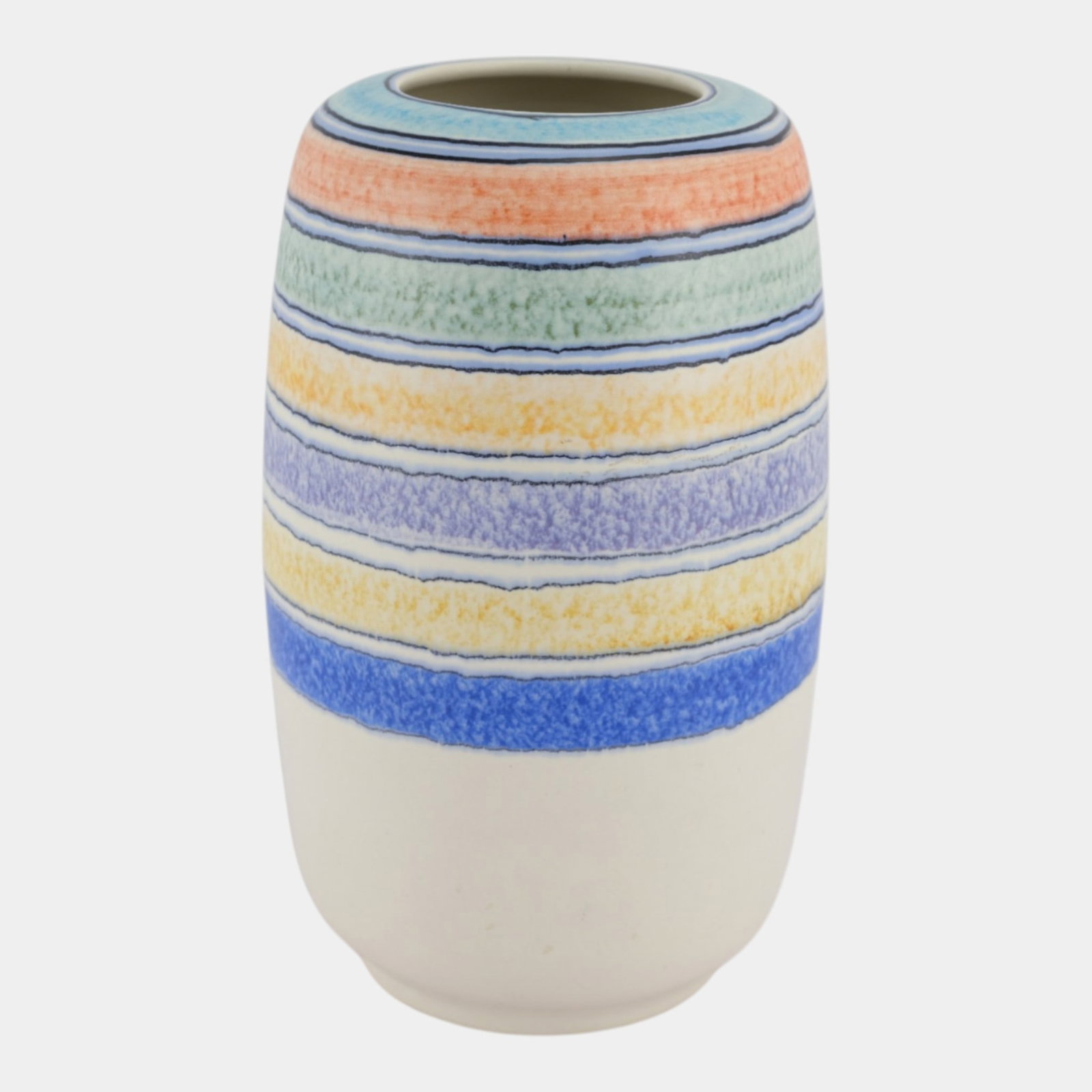 Alvino Bagni For Raymor Mid Century Modern Italian Art Pottery Colorful Pastel Banded Vase: Professional, fast, and affordable in house shipping available for all items. Alvino Bagni For Raymor Mid Century Modern Italian Art Pottery Colorful Pastel Banded Vase Vibrantly modern and rhythmical