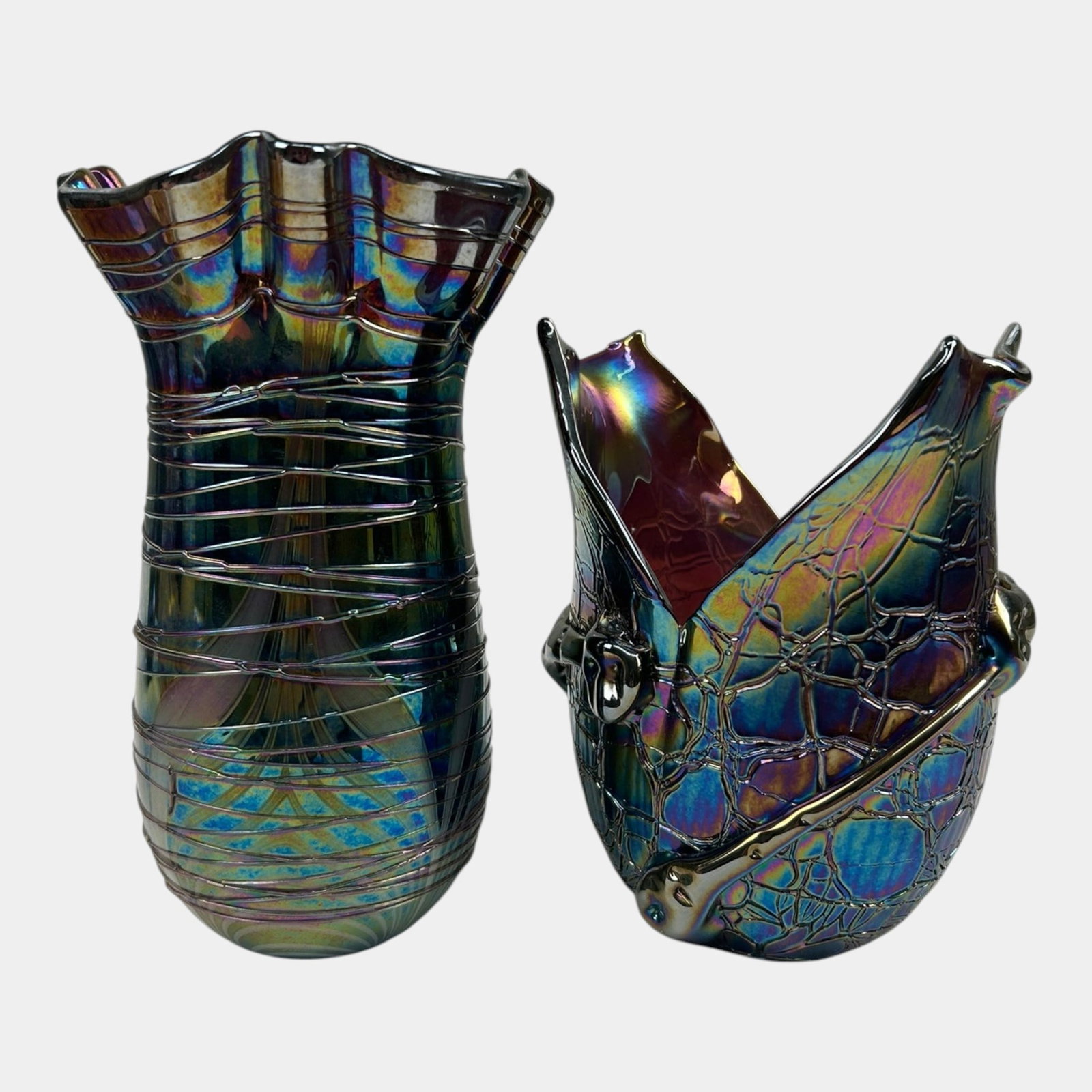 Terry Crider 1979 & 1980 Ohio Studio Art Glass Blue Green Iridescent Threaded And Textured Vases (1 of 6)