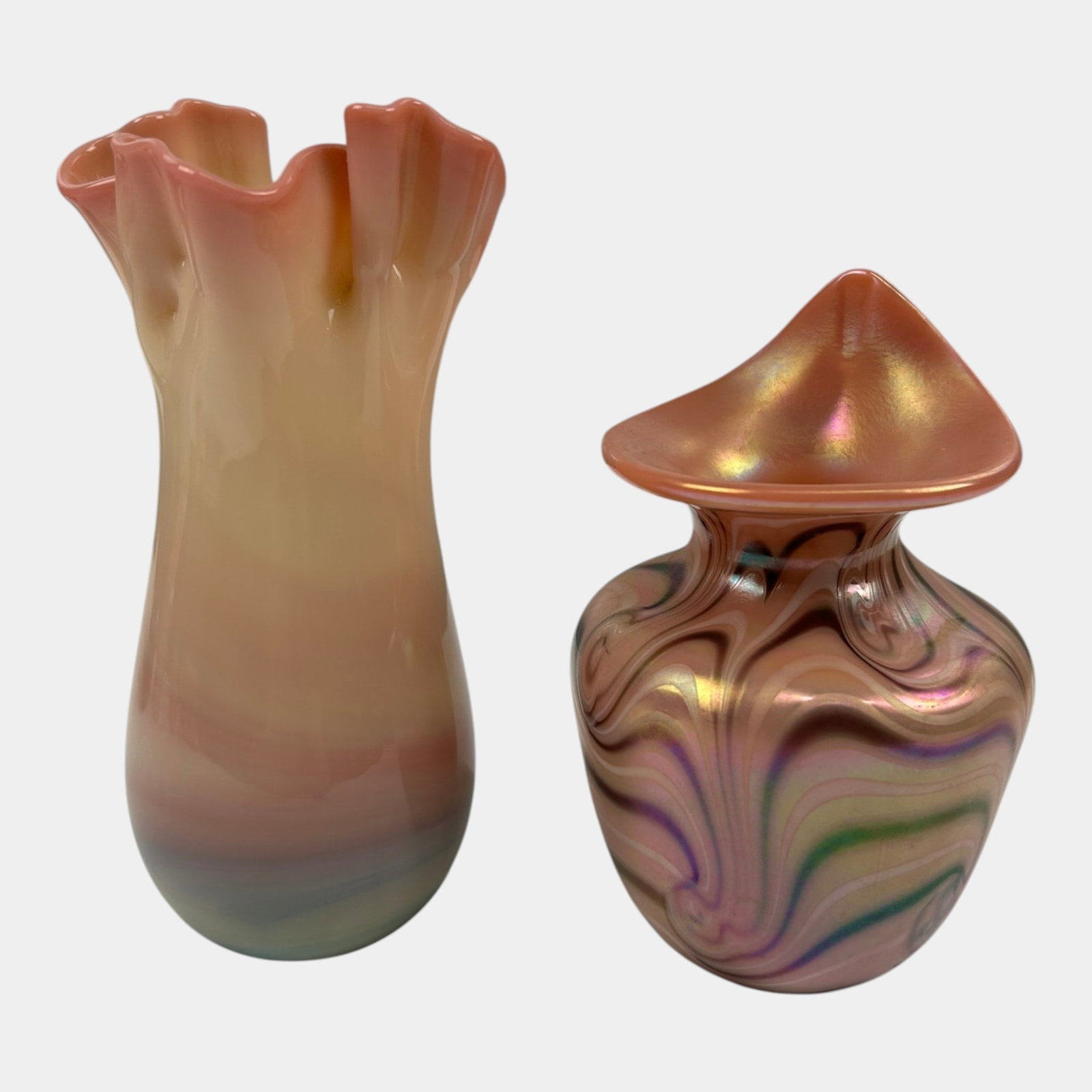 Terry Crider 1981 Ohio Studio Art Glass Peach Pink Ruffled Rim & Swirled Ribbon Jack In The Pulpit (1 of 6)
