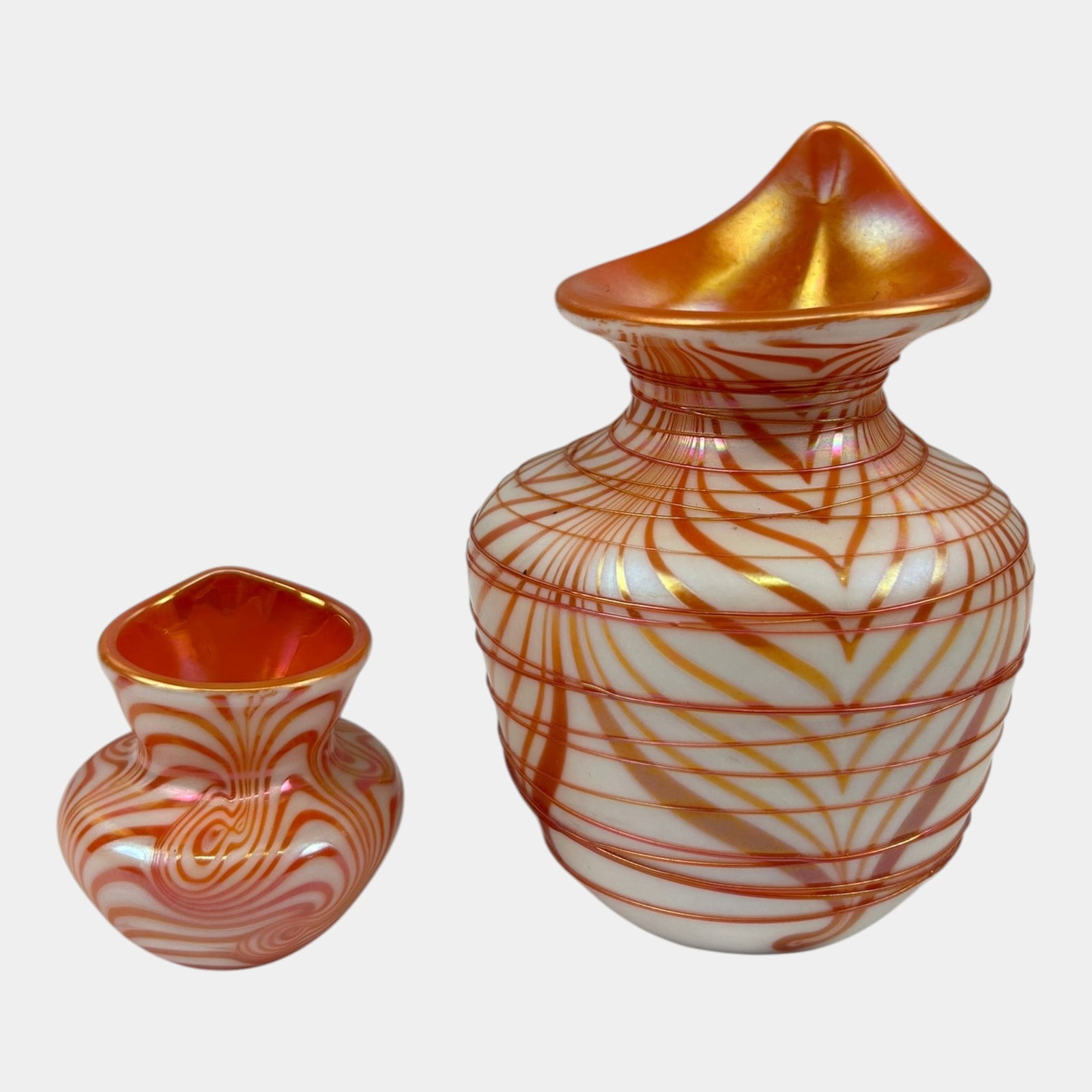 Terry Crider Ohio Studio Art Glass White Orange Iridescent Jack In The Pulpit Cabinet Vases: Professional, fast, and affordable in house shipping available for all items. Terry Crider Ohio Studio Art Glass White Orange Iridescent Jack In The Pulpit Cabinet Vases Vibrantly dynamic and finely c