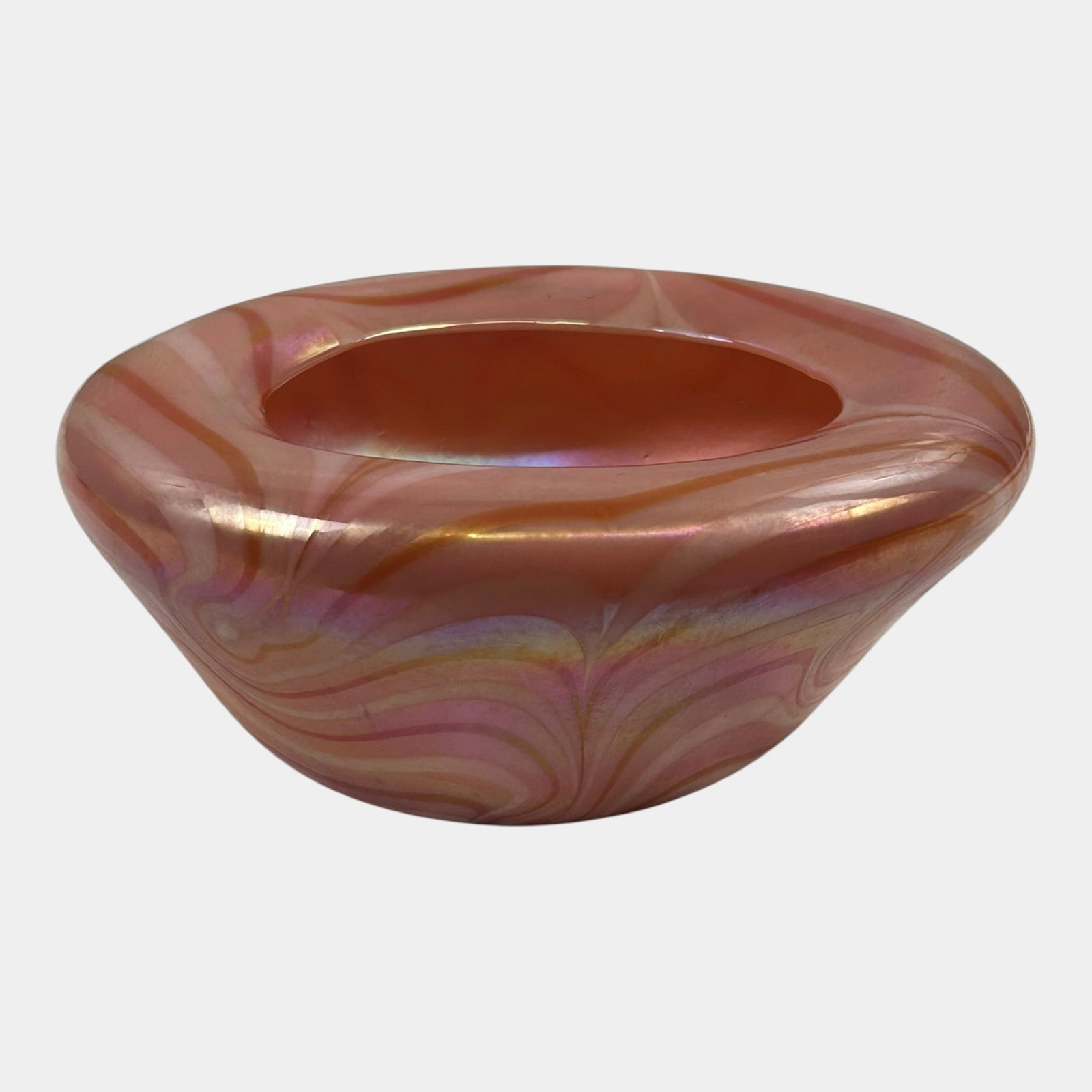 Terry Crider 1981 Ohio Studio Art Glass Pink Peach Iridescent Swirling Ribbon Rounded Bowl (1 of 5)