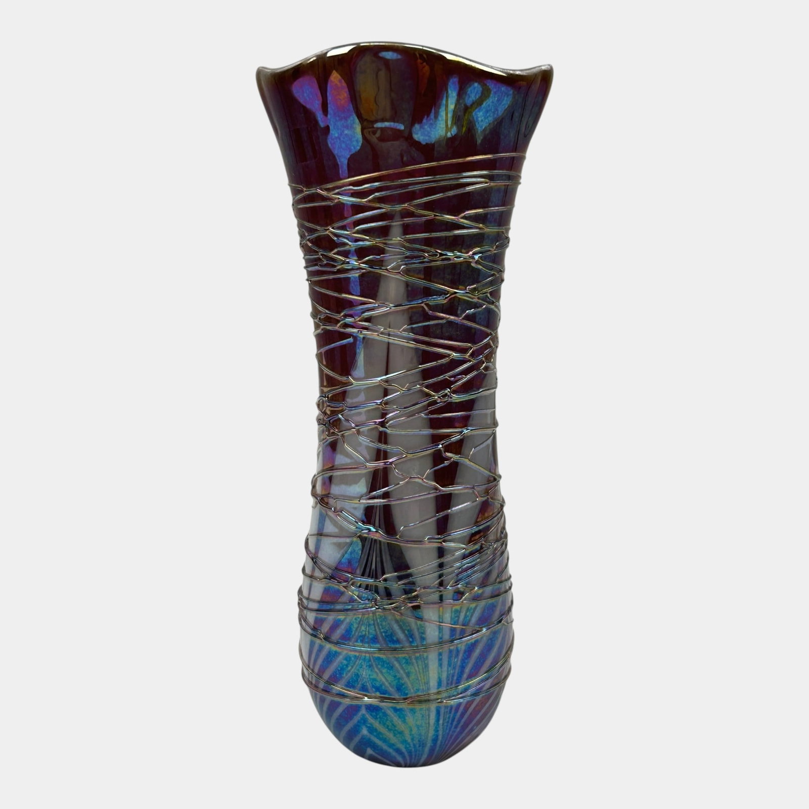Terry Crider 1979 Ohio Studio Art Glass Blue Purple Red Iridescent Threaded Pulled Feather Vase (1 of 5)