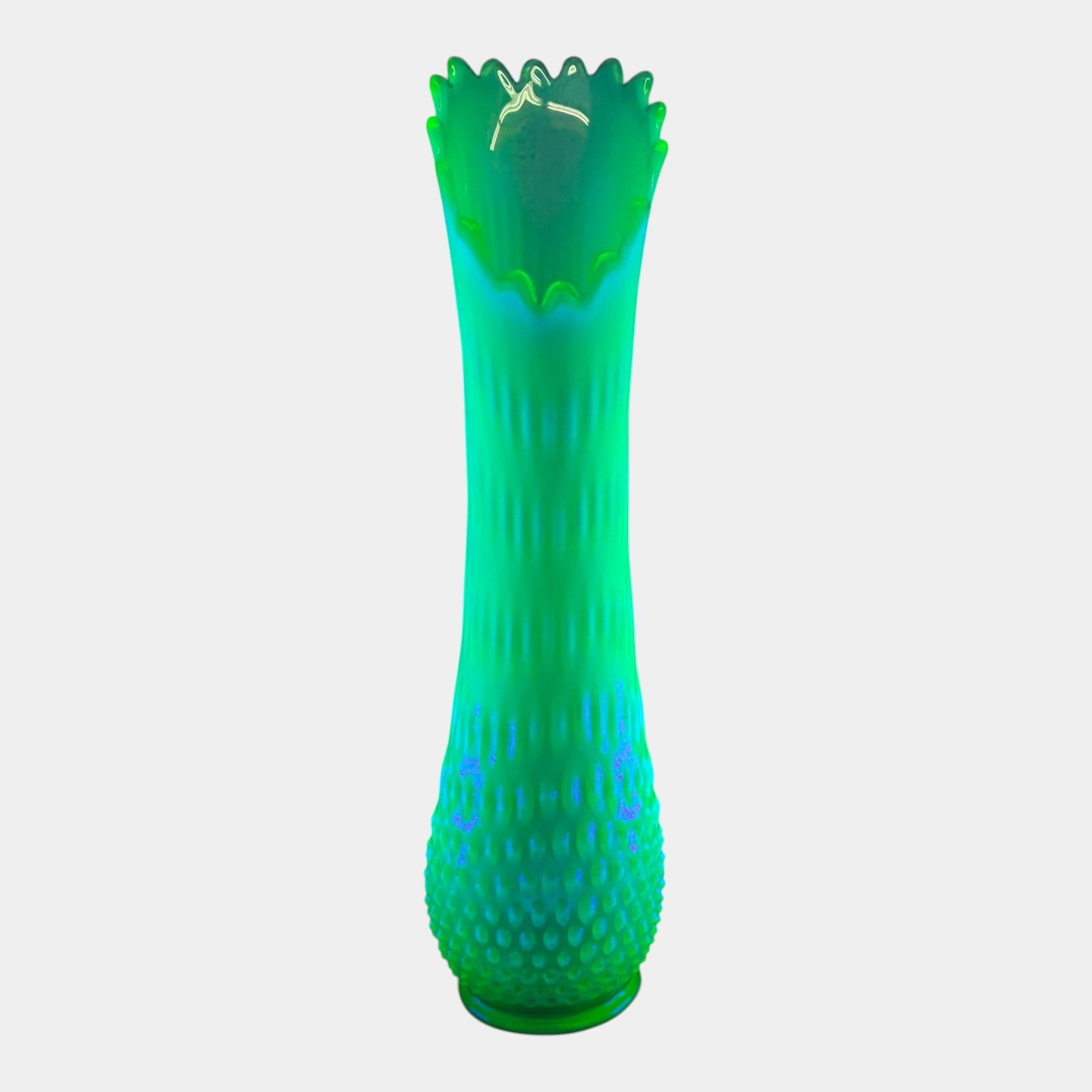 Fenton 1940s Mid Century Modern Opalescent Emerald Green Uranium Glass Hobnail 17" Swung Vase (1 of 8)