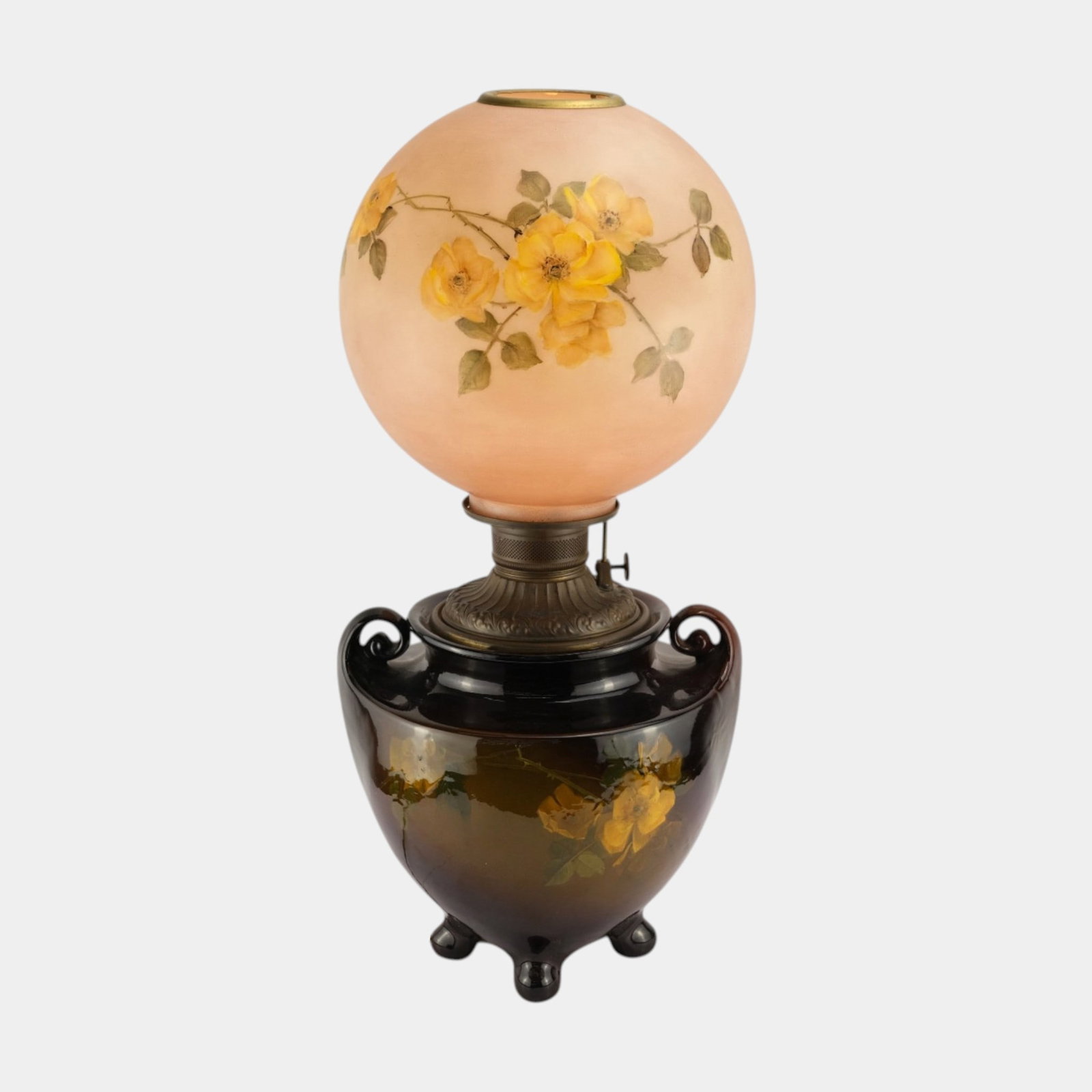 Weller Louwelsa 1900s Vintage Art Pottery Brown Floral Ceramic Electric Lamp With Floral Glass Shade (1 of 9)