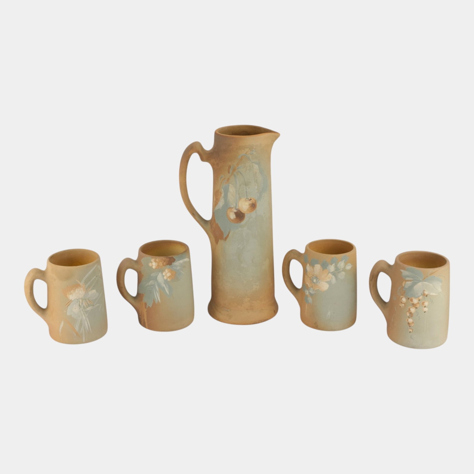 Owens 1900s Matte Utopian Floral Berries Decorated Art Pottery Tankard Mug Set (1 of 6)