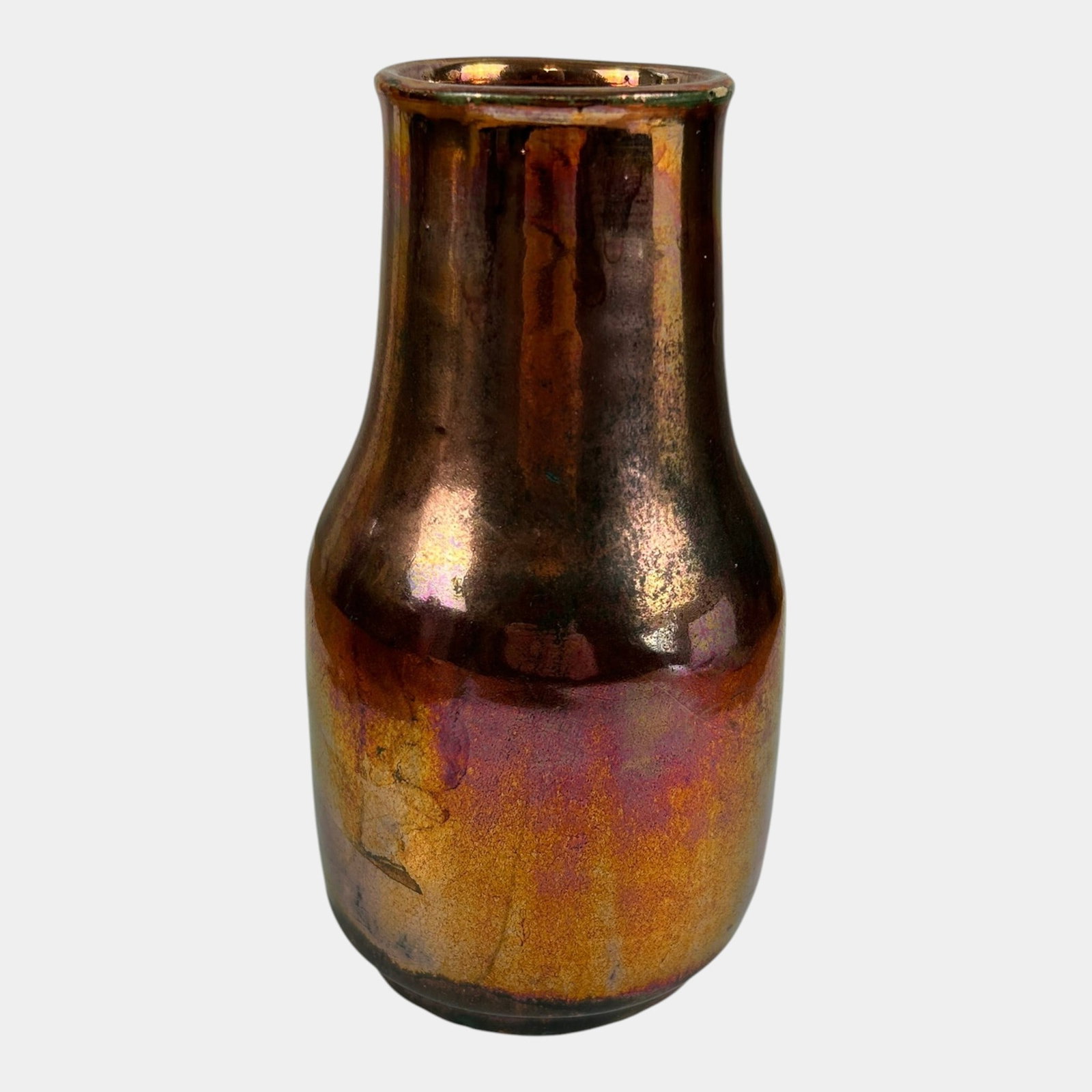 Early To Mid 20th Century Red Purple Black Iridescent Pewabic Style Glaze Tapered Neck Vase: Professional, fast, and affordable in house shipping available for all items. Richly lustrous and atmospheric, this Art Deco ceramic vase features a classic baluster form, finished in a shimmering bro
