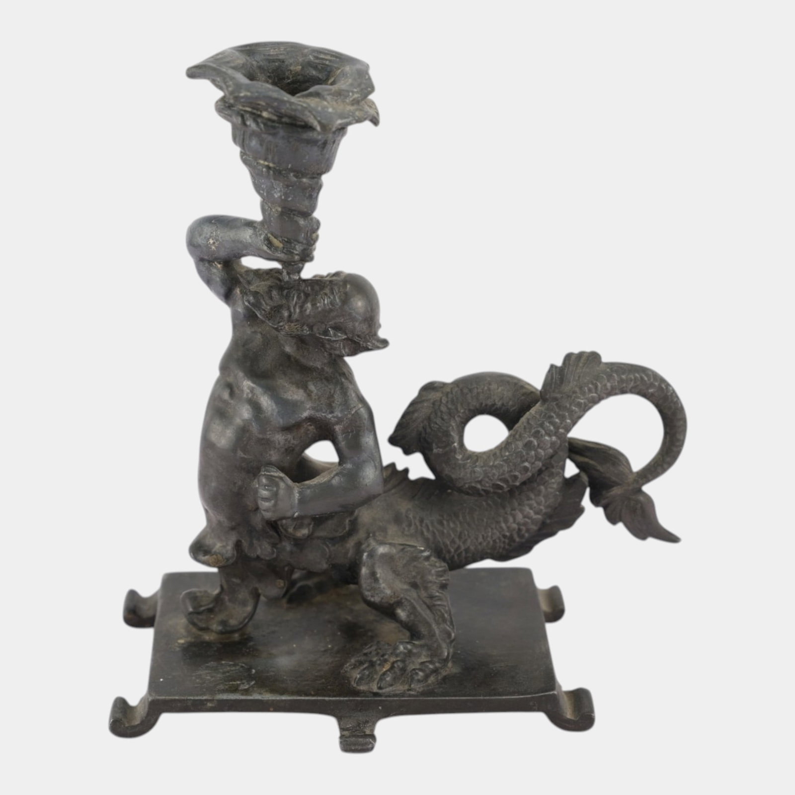 Late 19th Century European Bronze Figural Dragon Man Beast Blowing Horn Candle Holder (1 of 7)