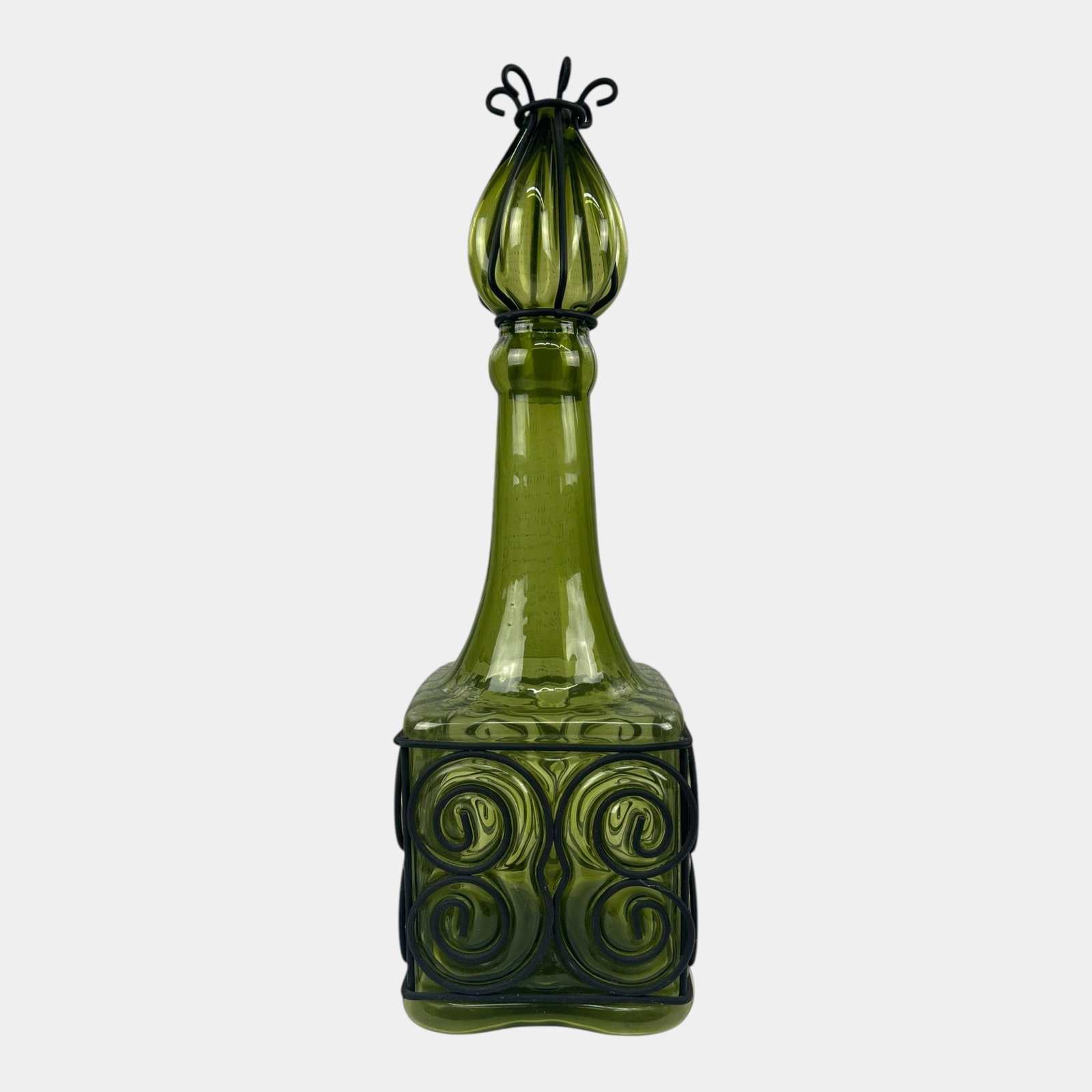 Mid Century Modern 1960s Iron Caged Avocado Green Glass 25" Tall Bottle With Caged Topper (1 of 6)