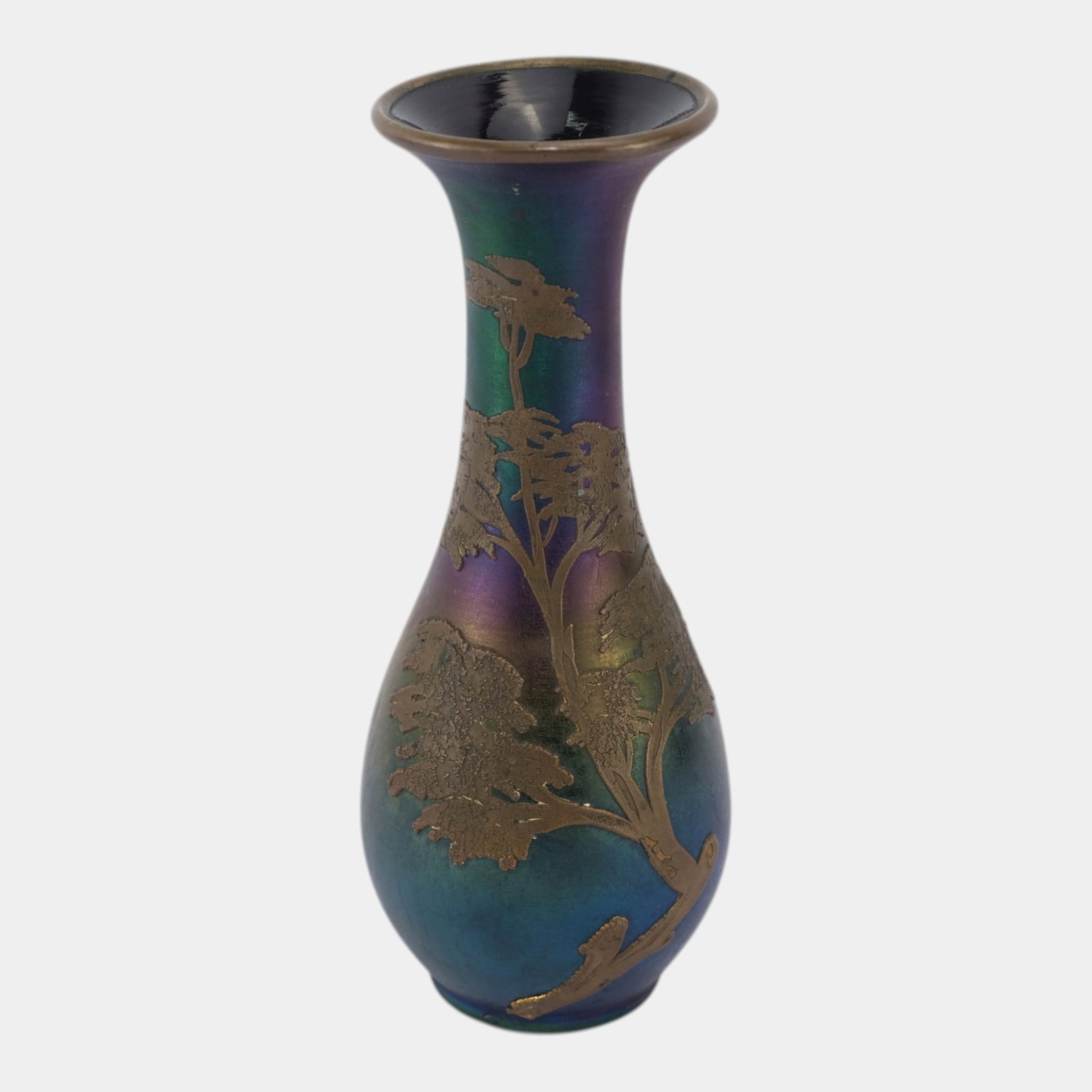 Loetz Bohemian Art Glass Blue Purple Iridescent Gold Enameled Tree Motif Art Glass Bud Vase (1 of 6)