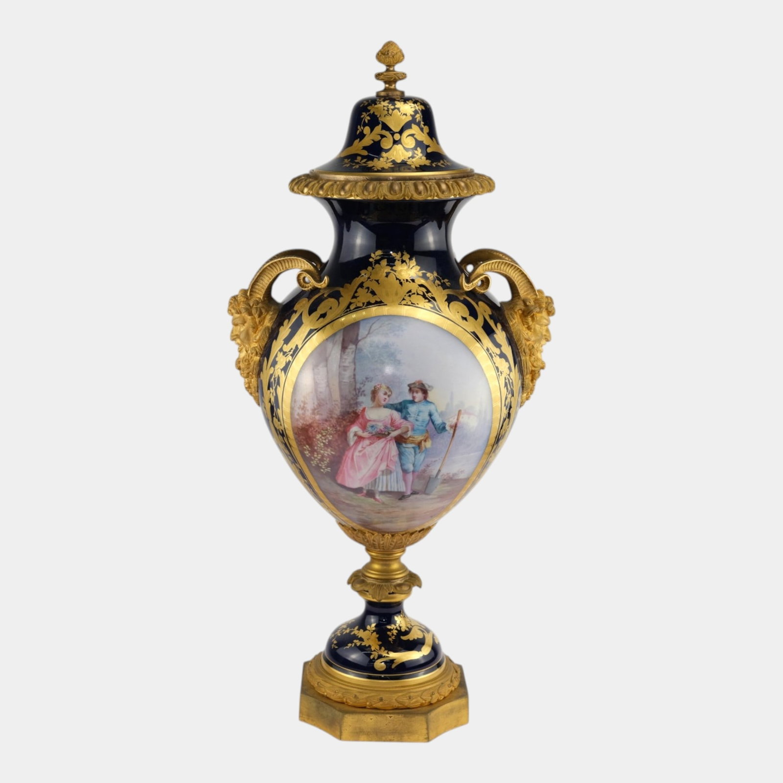 Sevres 19th Century French Cobalt Blue Gold Gilt Hand Painted Scenic Panel 26" Tall Handled Floor (1 of 7)