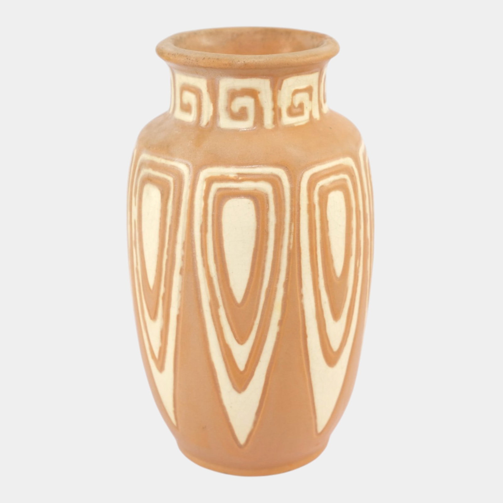 Weller Camelot 1914 Vintage Art Pottery Orange Brown Geometric Flower Vase (1 of 7)