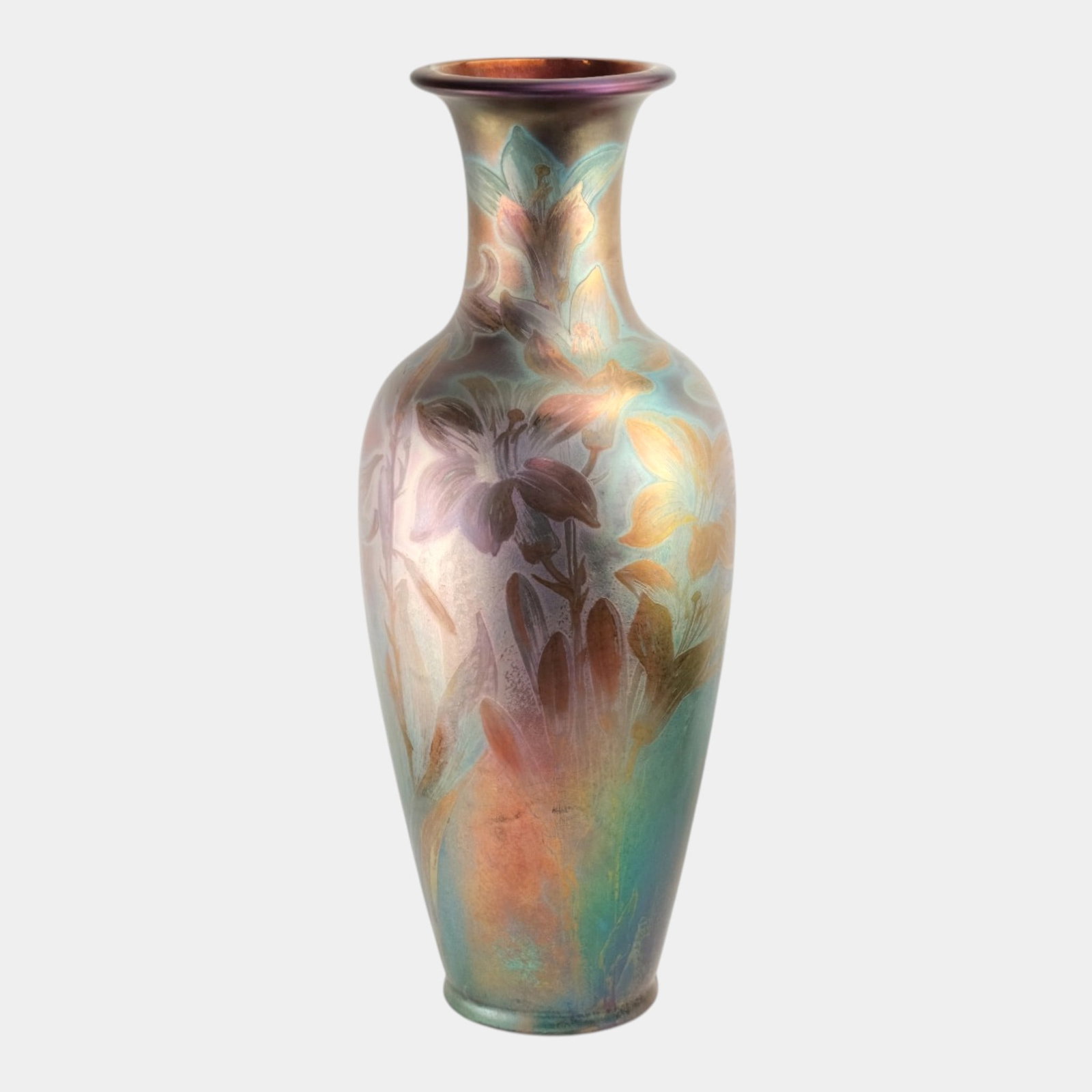 Weller Sicard 1902-07 Art Nouveau Pottery Iridescent Luster Floral Decorated 25" Floor Vase: Professional, fast, and affordable in house shipping available for all items. Weller Sicard 1902-07 Art Nouveau Pottery Iridescent Luster Floral Decorated 25" Floor Vase Luminous and intricately decor