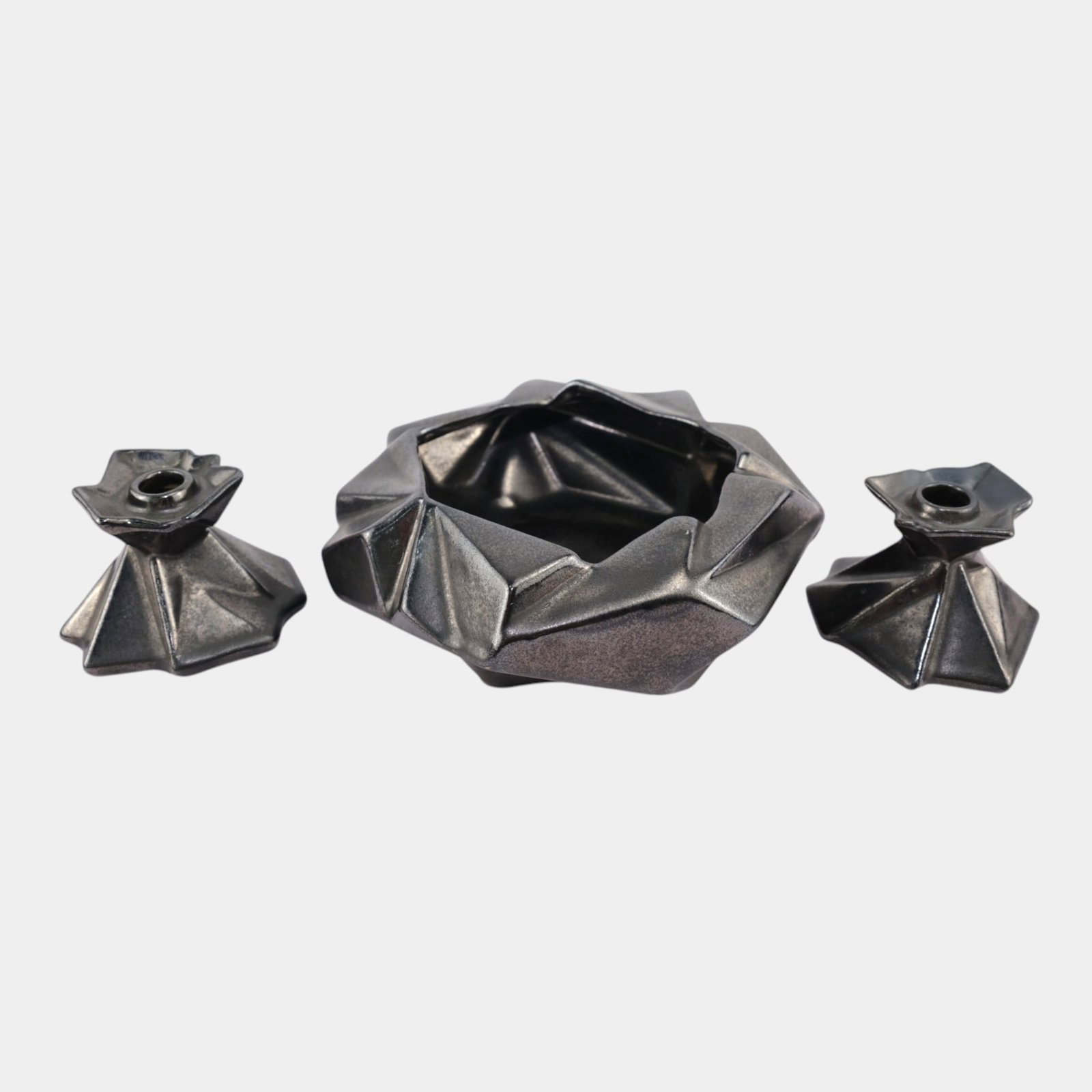 Ruben Haley For Muncie Gun Metal Gray Ruba Rhombic Art Deco Console Set Bowl & Candle Holders (1 of 8)