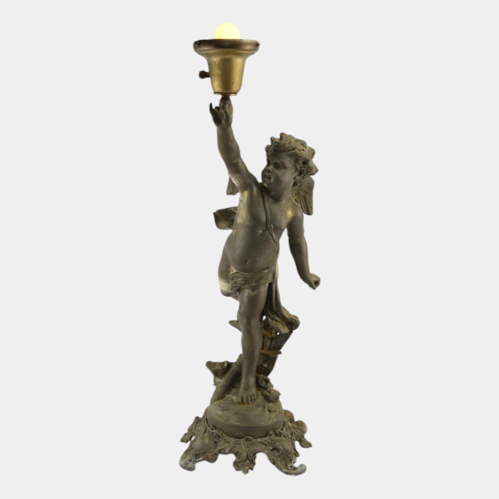 Early 20th Century Bronze Spelter French Style Angel Holding Torch 26" Tall Lamp: Professional, fast, and affordable in house shipping available for all items. Early 20th Century Bronze Spelter French Style Angel Holding Torch 26" Tall Lamp Dramatically expressive and ornate, this 