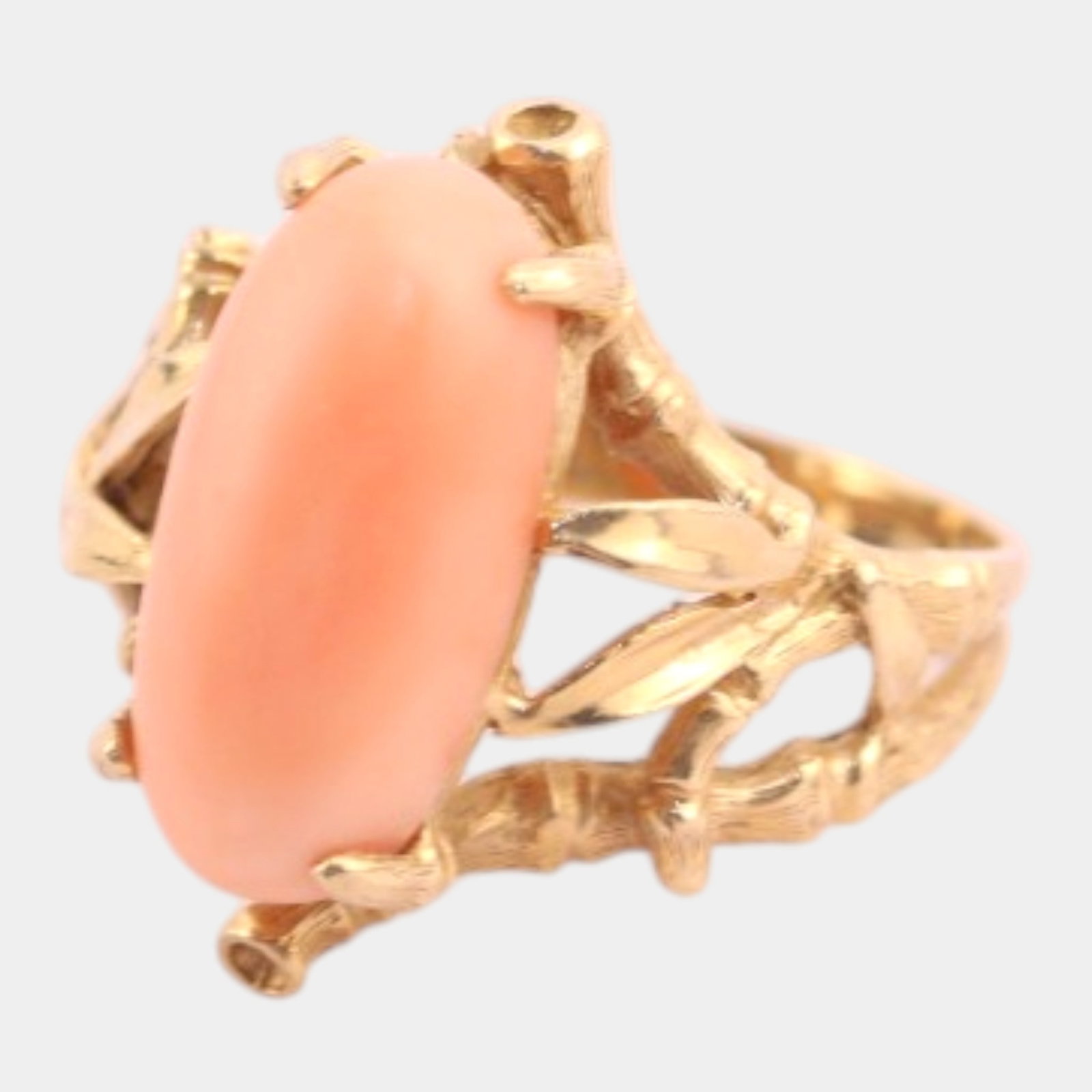 14K Yellow Gold And Pink Angel Skin Coral Cabochon In Mid Century Modern Branch Form Ring (1 of 7)