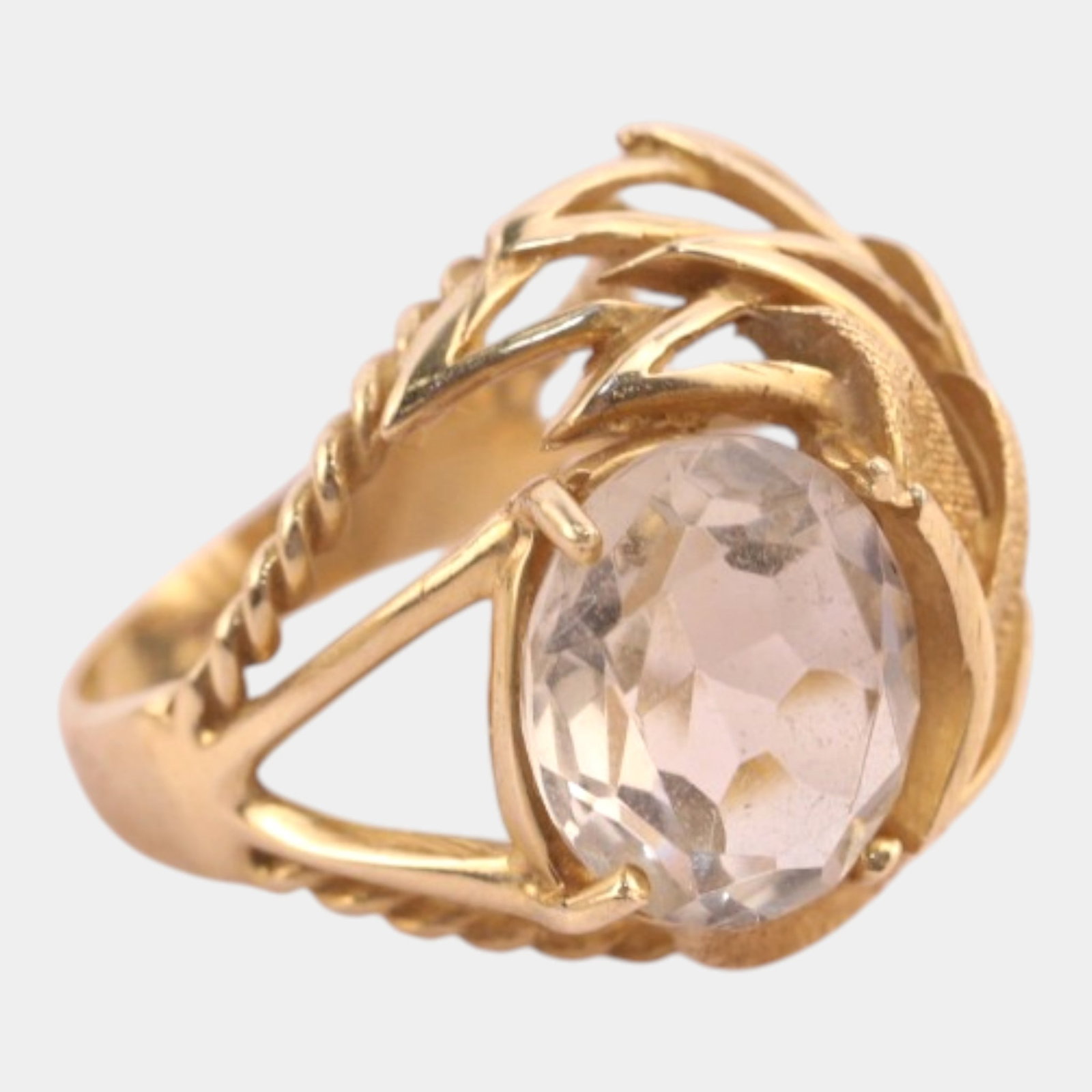 14K Yellow Gold Openwork Frame Mid Century Modern Prong Set Quartz Stone Ring Size 6: Professional, fast, and affordable in house shipping available for all items. Elegantly sculpted and airy in form, this vintage ring features a large faceted quartz stone set within a flowing openwork