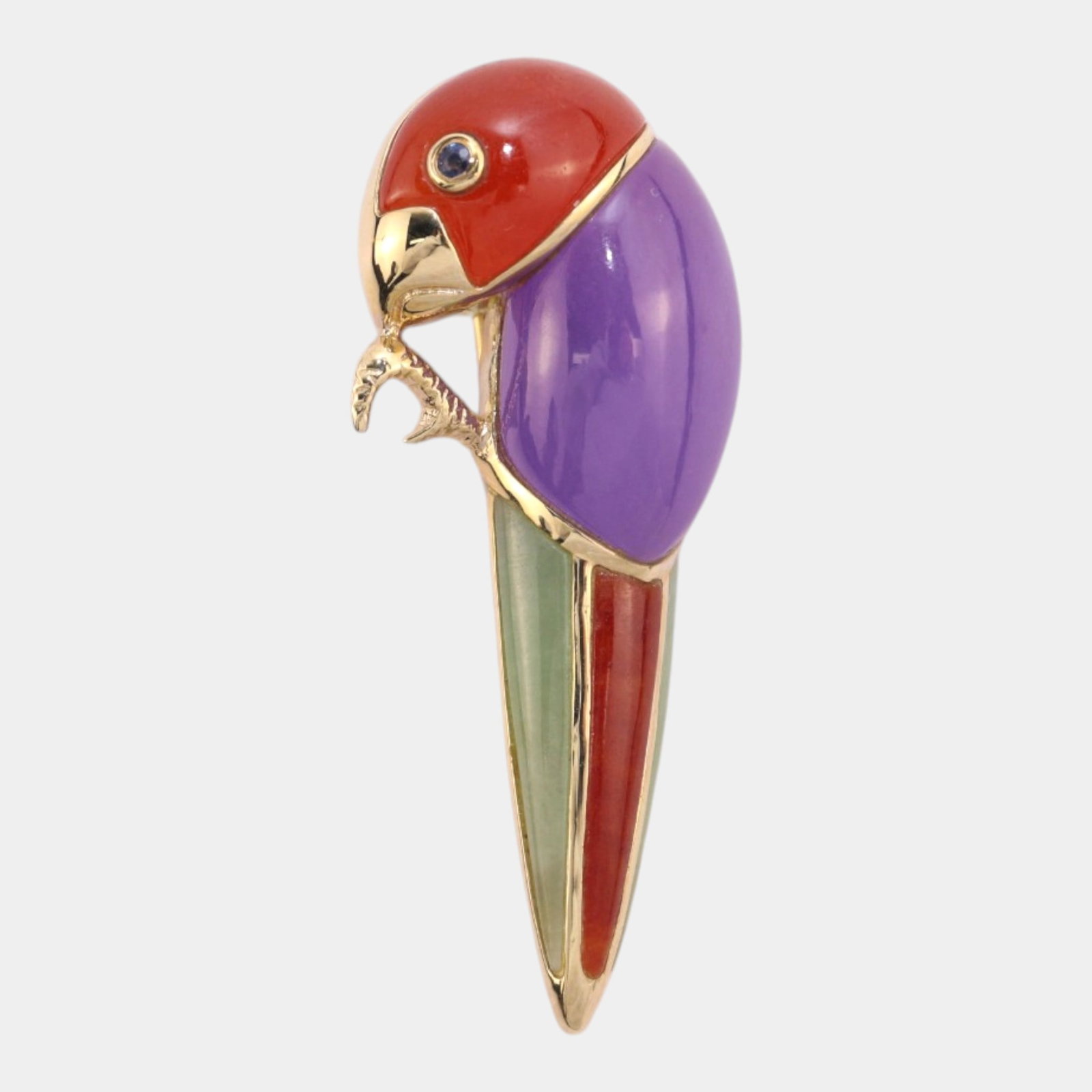14K Yellow Gold, Multicolor Dyed Jade, & Sapphire Eyes Modernist Mosaic Parrot Brooch (1 of 7)