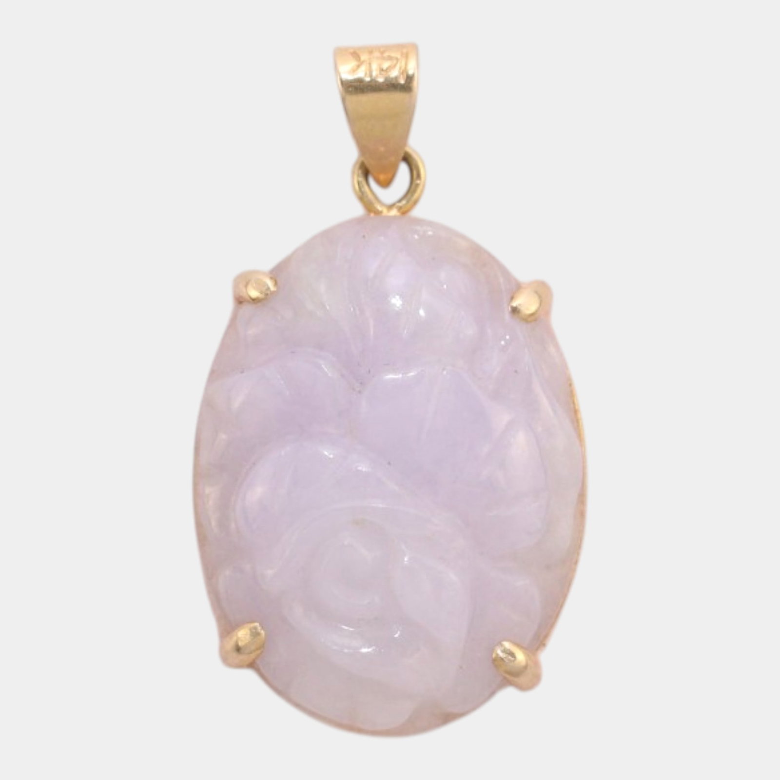 14K Yellow Gold Art Nouveau Prong Set Floral Motif Carved Lavender Jade Pendant (1 of 7)
