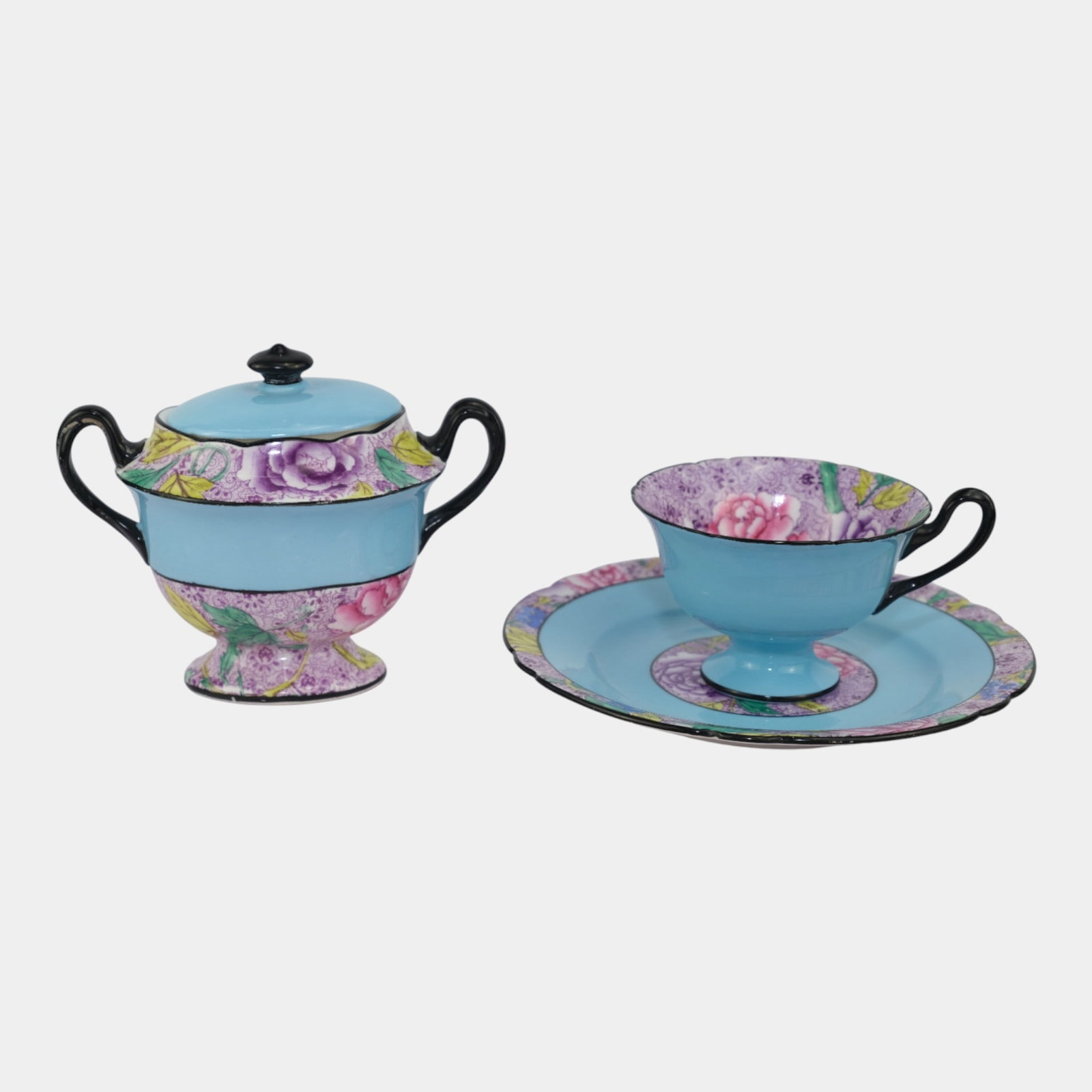 Shelley 1930s English Art Deco Porcelain Blue Swansea Cup Saucer & Sugar Bowl (1 of 7)
